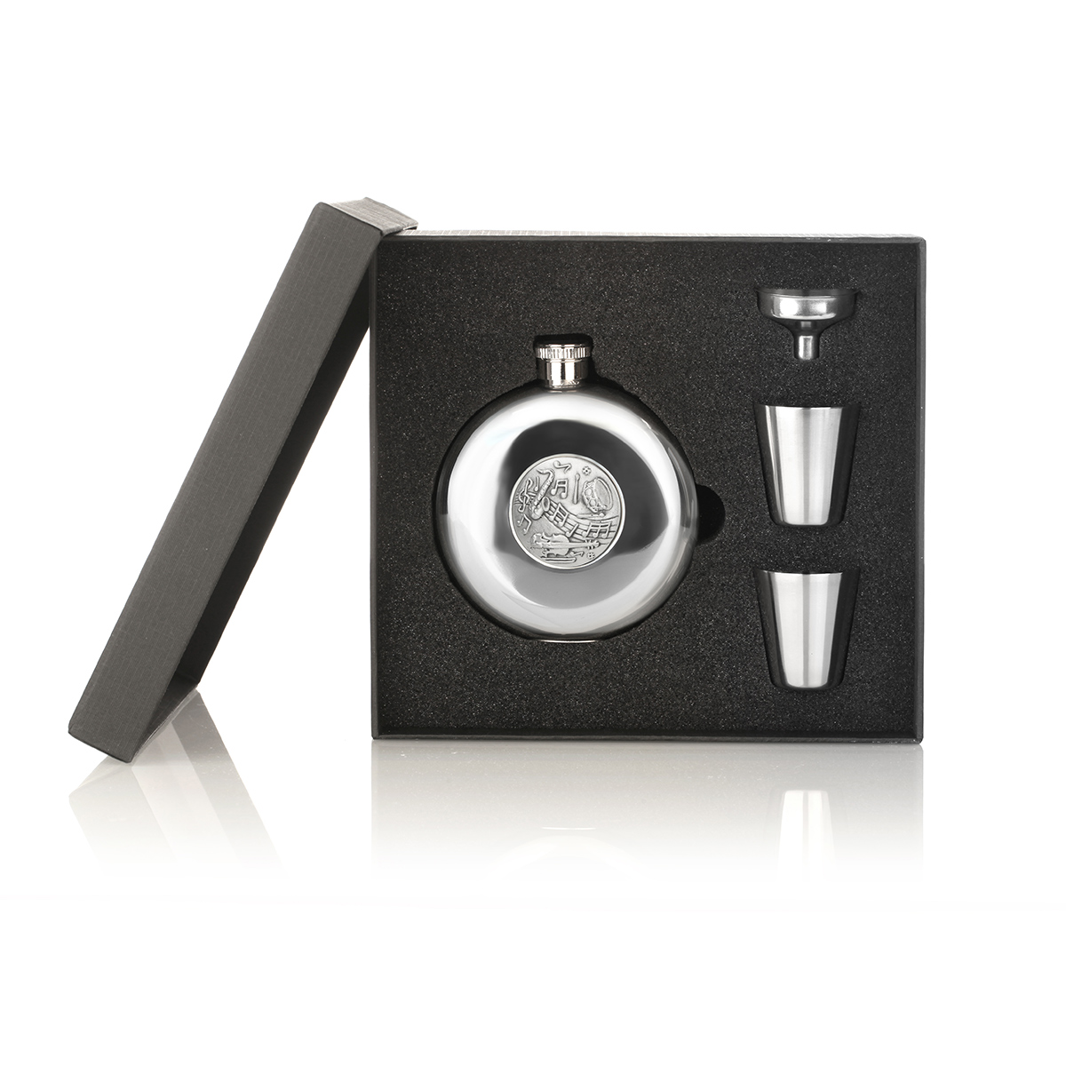 Music Flask - Musikinstrumente Flachmann mit Sichtfenster & Shotbechern