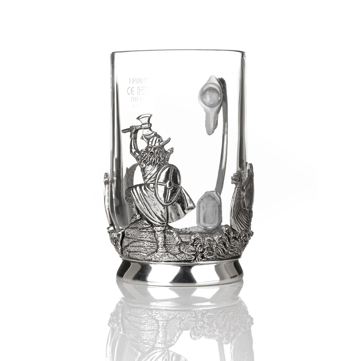 Skål - Wikinger Bierkrug aus Glas & Zinn mit Drachenschiff & keltischen Mustern