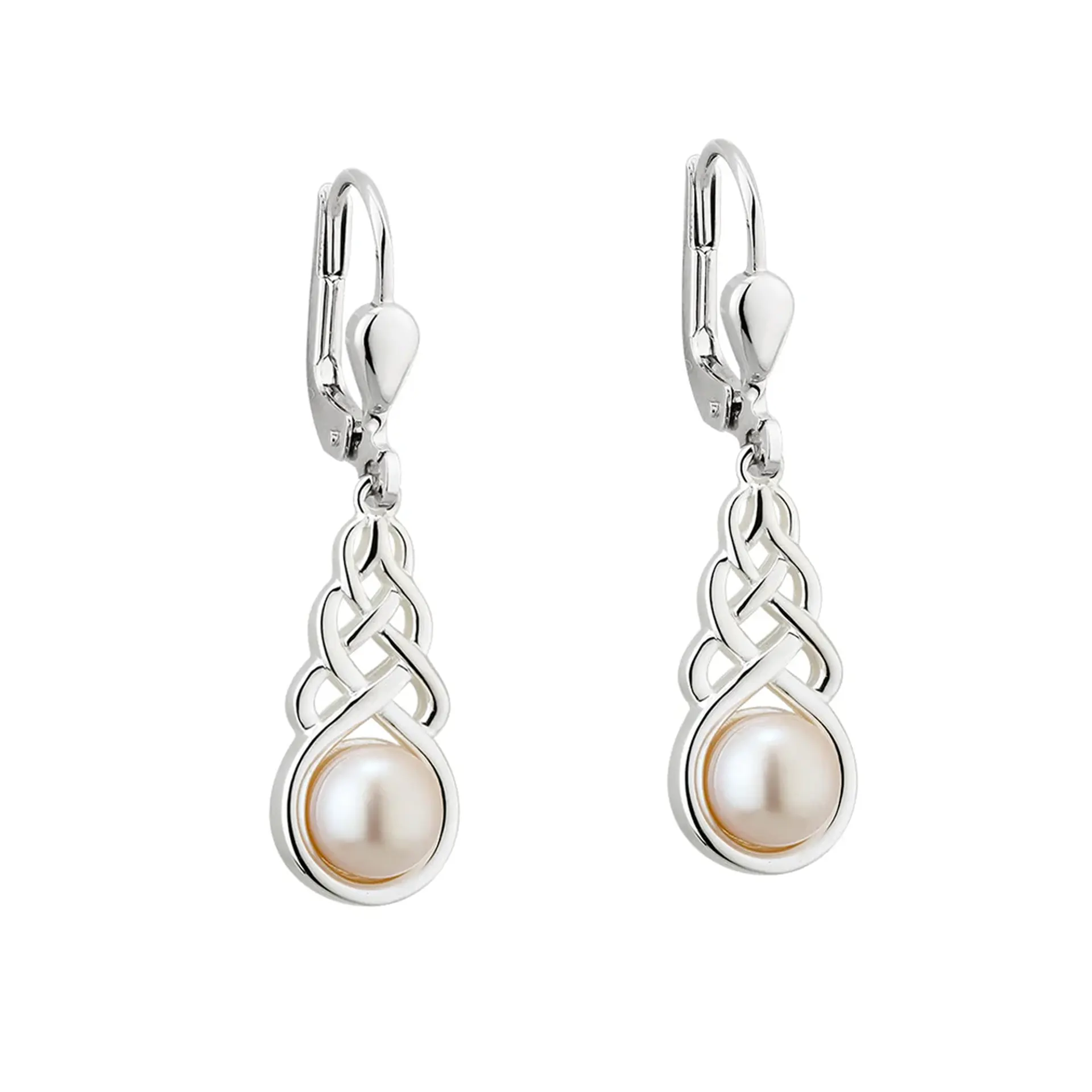 Ohrhänger mit keltischem Knoten und Perle - Sterlingsilber handgefertigt in Irland Ohrhänger mit keltischem Knoten und Perle - Sterlingsilber handgefertigt in Irland