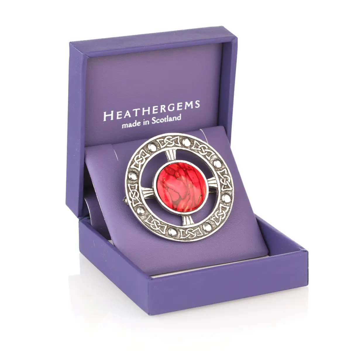 brosche-anstecknadel-schottischer-heathergem-schmuck-silber-004 Celtic Heathergem - Runde Highland Brosche mit keltischen Mustern