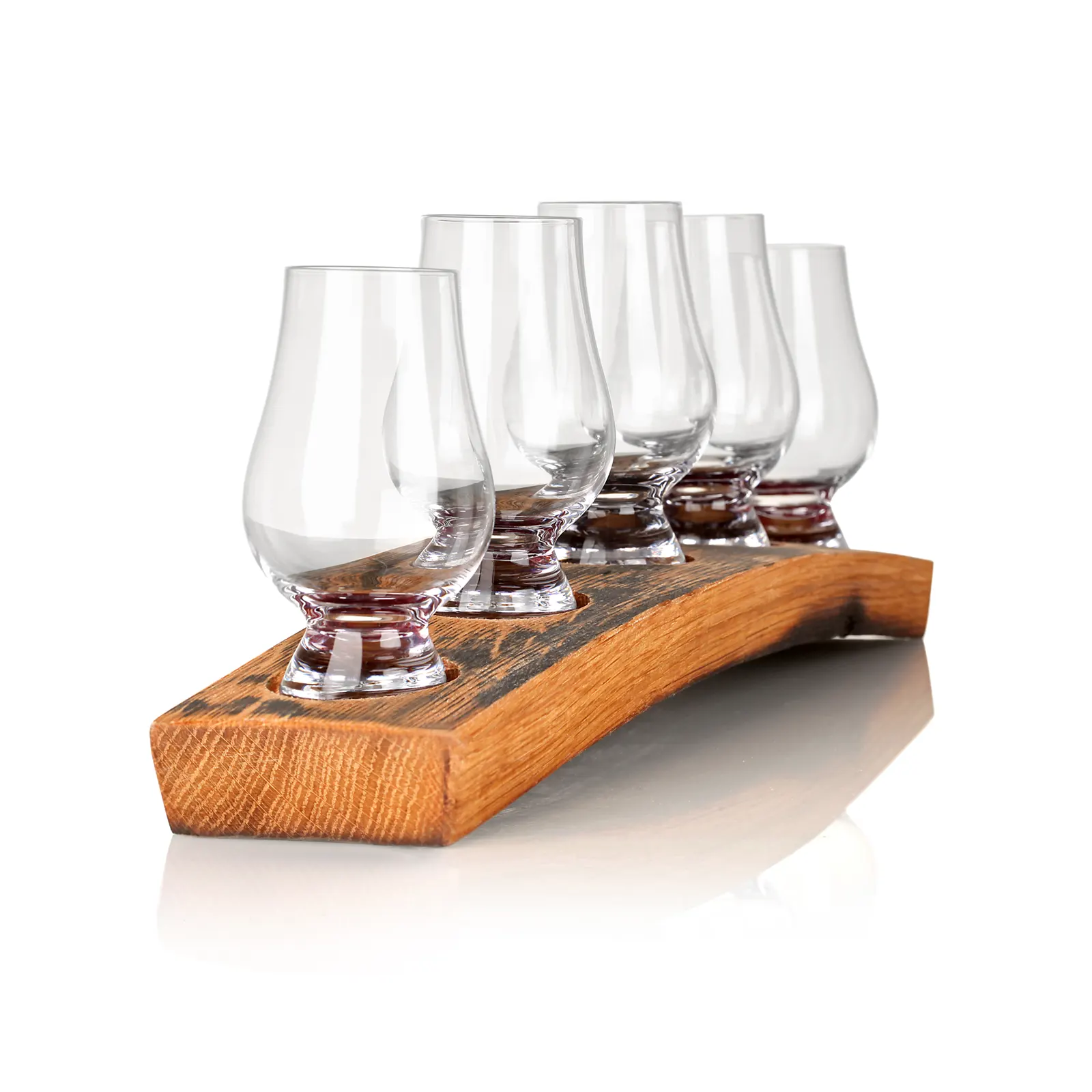 Whisky Fass Flight Tray aus Eiche - Untersetzer mit 5 Glencairn Tasting Gläsern Whisky Fass Flight Tray aus Eiche - Untersetzer mit 5 Glencairn Tasting Gläsern