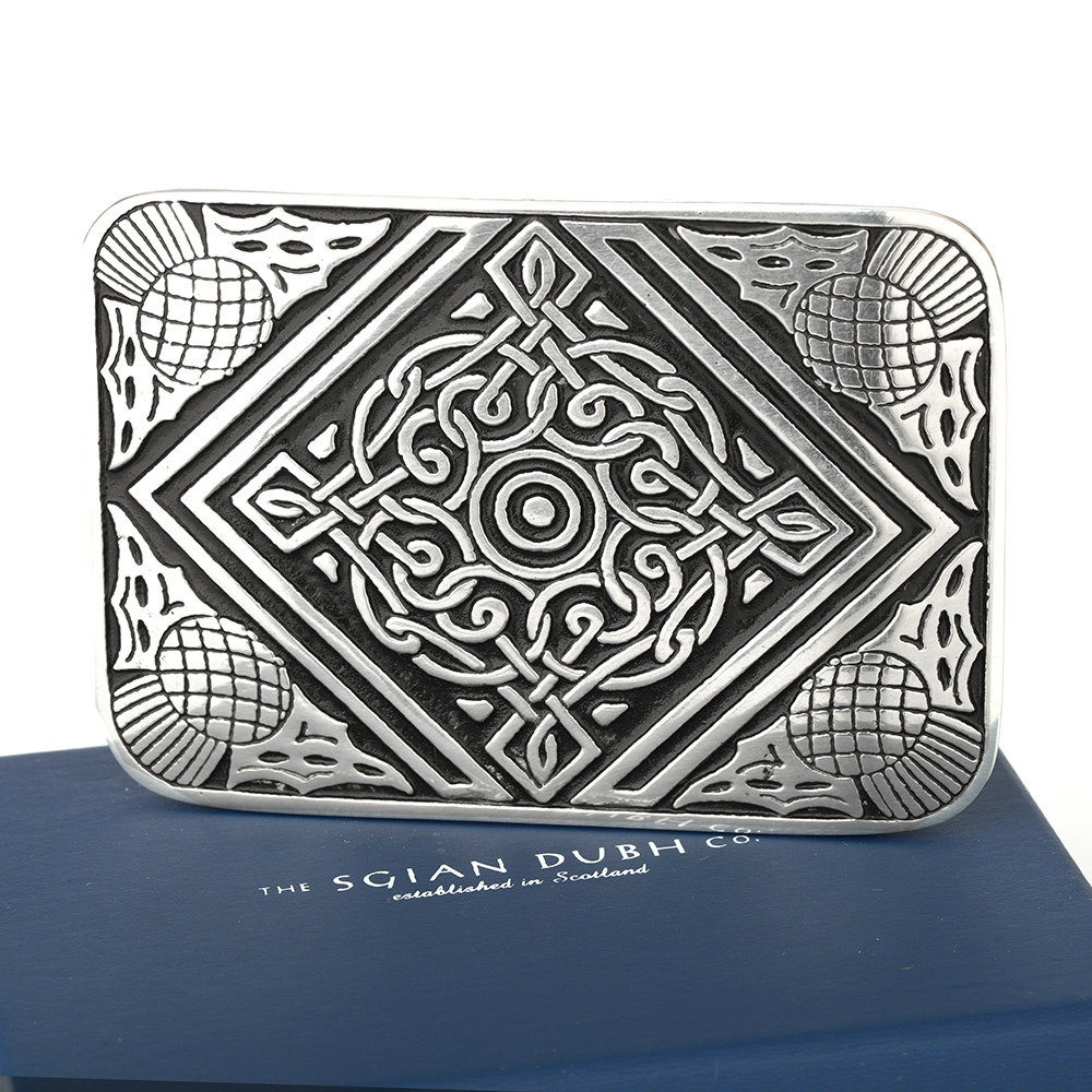 kilt-buckle-guertelschnalle-004 Celtic Thistle - Kilt Gürtelschnalle mit schottischer Distel & keltischem Muster