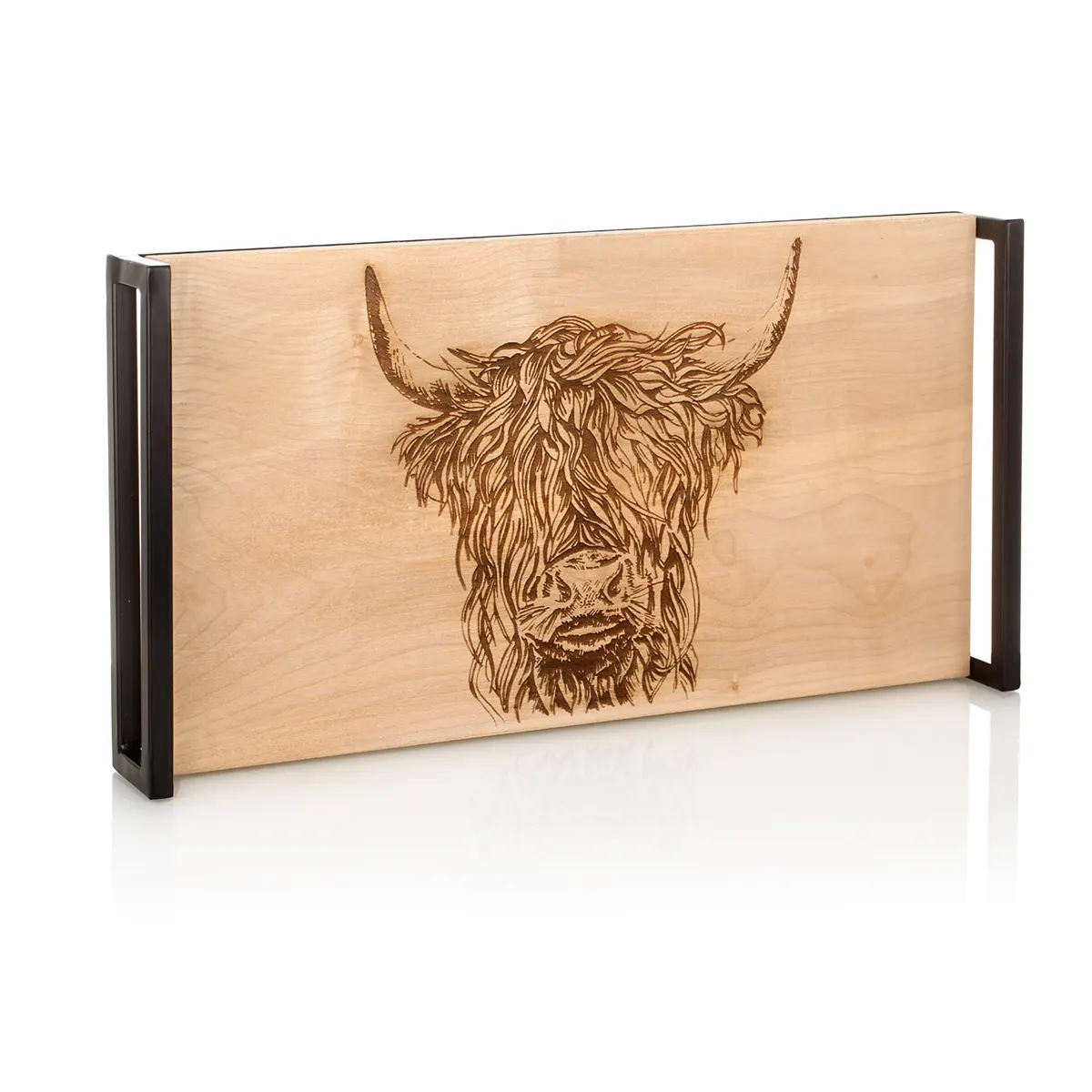 Highland Cow - Holz Tablett / Servierbrett aus Bergahorn & Metall - Made in Scotland