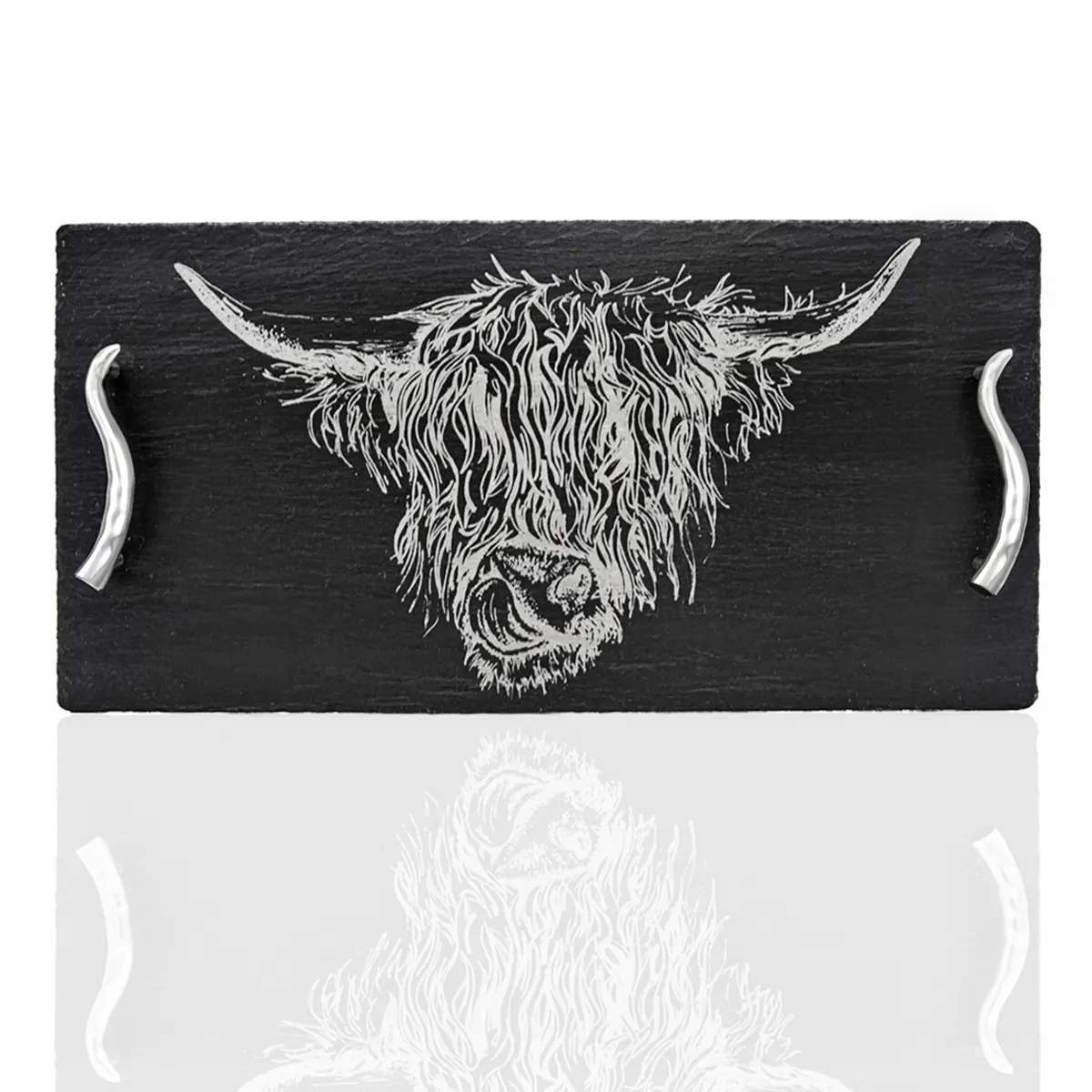 Large Highland Cow -  Schiefer Serviertablett mit Metallgriffen im Kuhhorn-Design