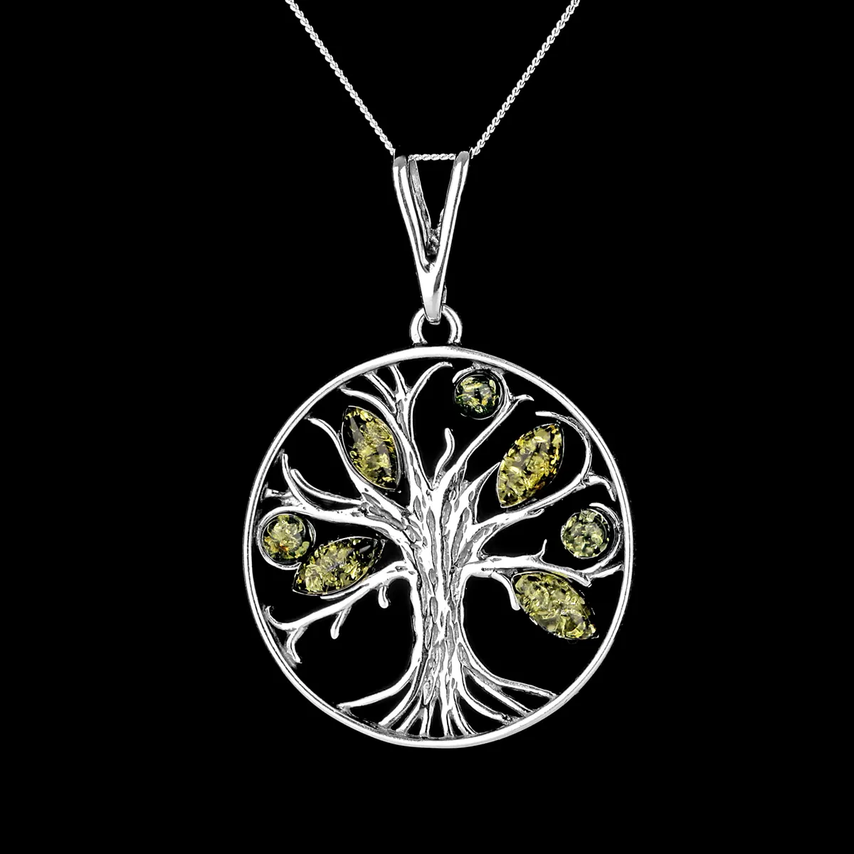 Green Amber Tree Of Life - Irische Lebensbaum Kette aus grünem Bernstein & Sterling Silber