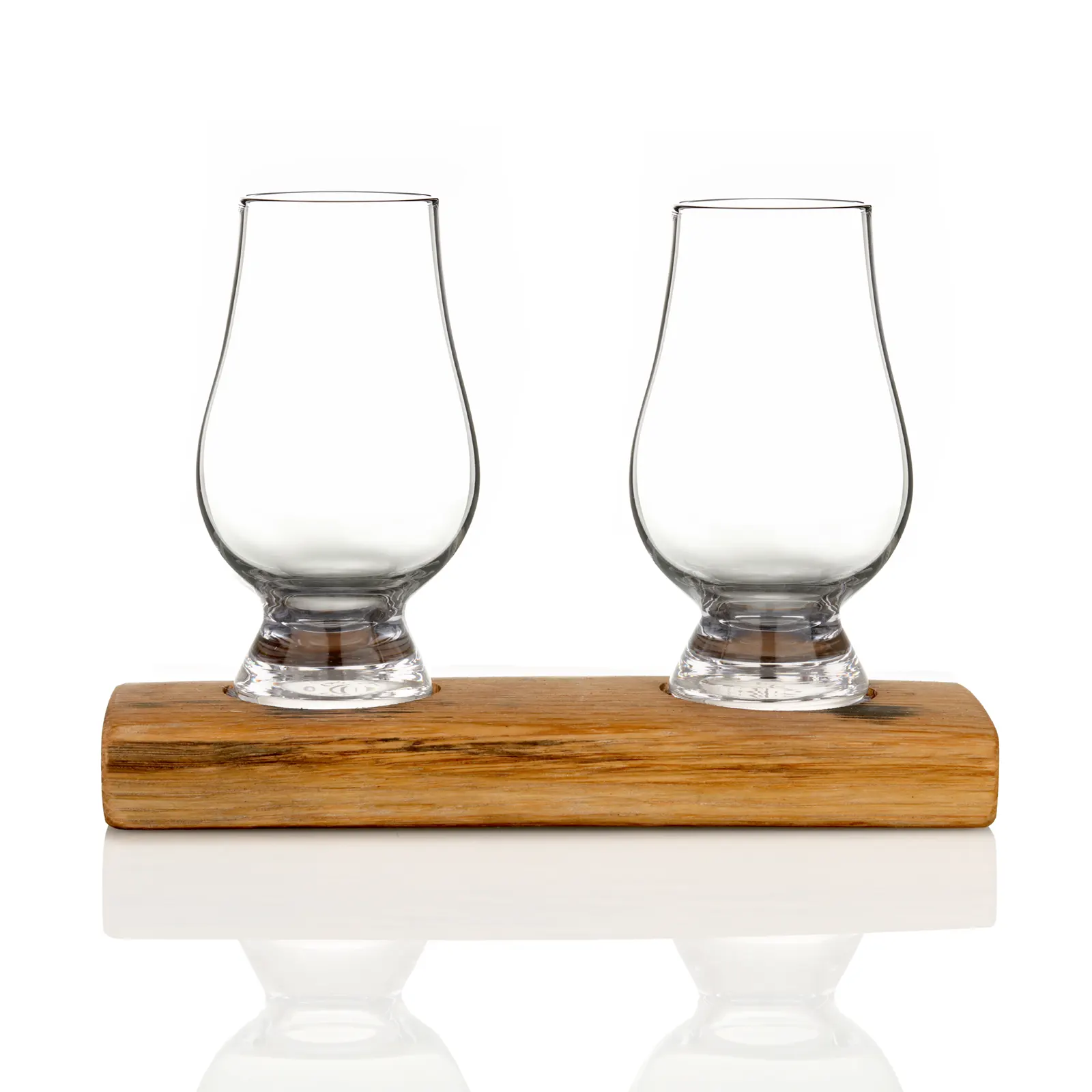 Whisky Fass Flight Tray aus Eiche - Untersetzer mit 2 Glencairn Tasting Gläsern