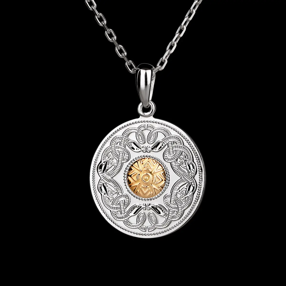 kette-anhaenger-keltisch-celtic-warrior-irland-silber-gold-rund-003 Celtic Warrior Disc - keltische Kette aus Irland mit Gold Bead