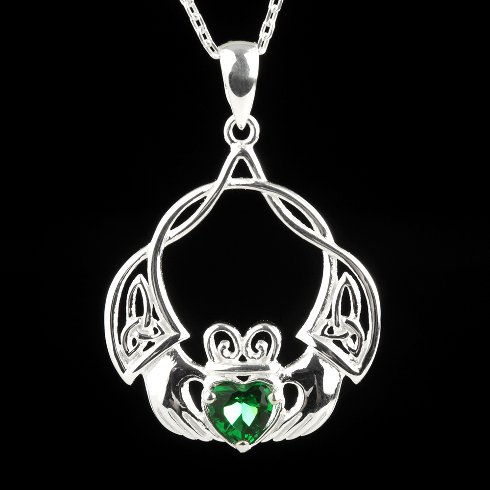 Keltischer Claddagh Ring Anhänger & Kette aus Irland - Sterling Silber & Kristall