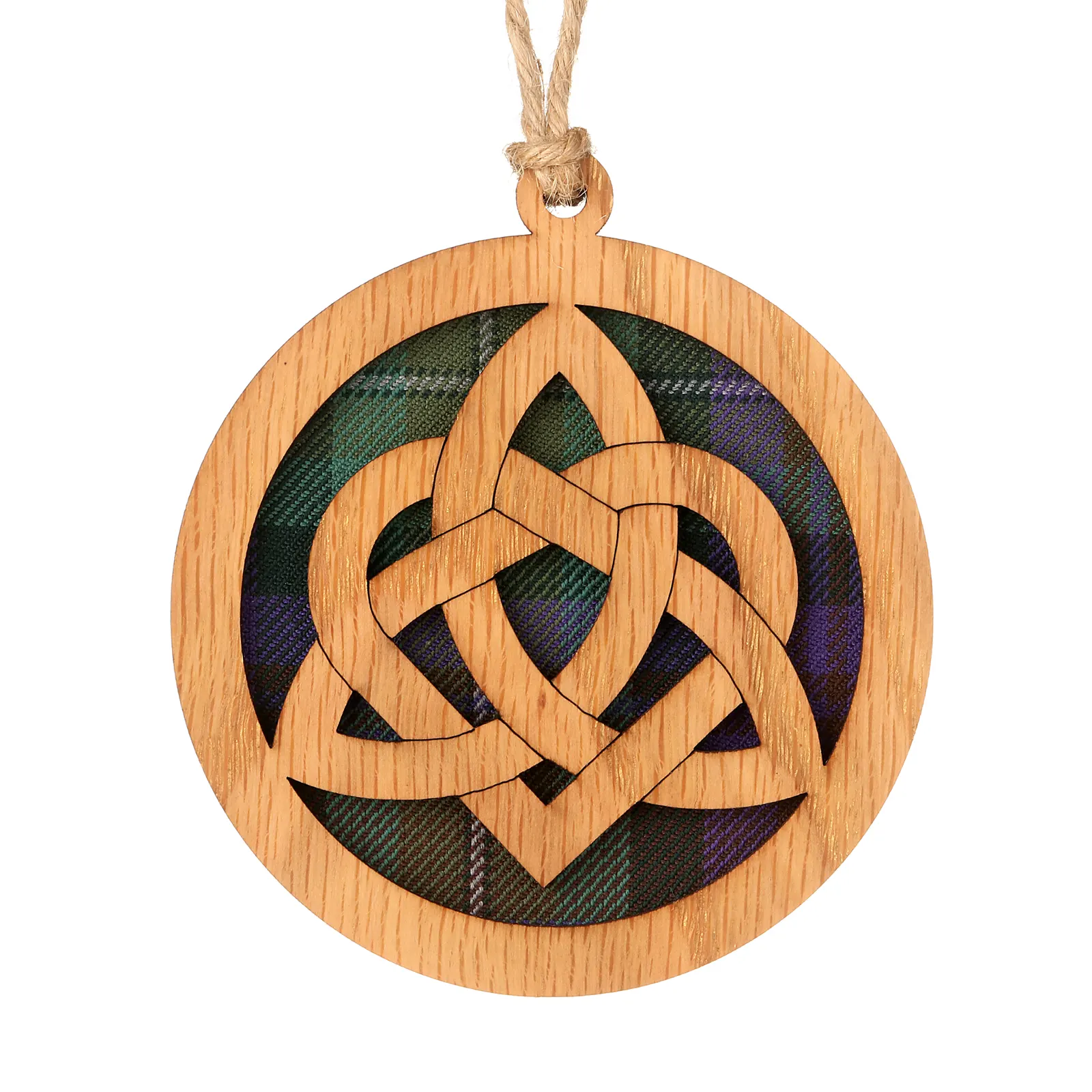 Celtic Oak - Runder Holz-Aufhänger mit keltischem Knoten und Tartan-Hintergrund