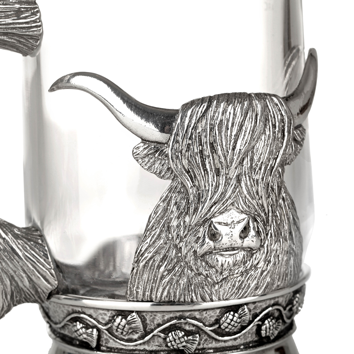 Highland Cow Bierkrug - Glas & Zinn mit Hochland Rind & Fell als Griff