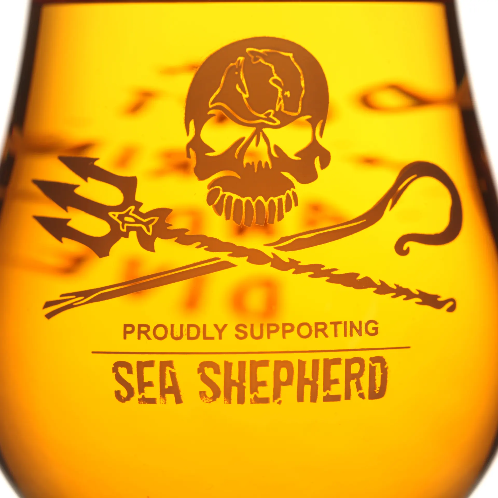 Kultiges Sea Shepherd Whiskyglas mit Gravur „Jolly Roger“ & „Don't Drink and Dive"
