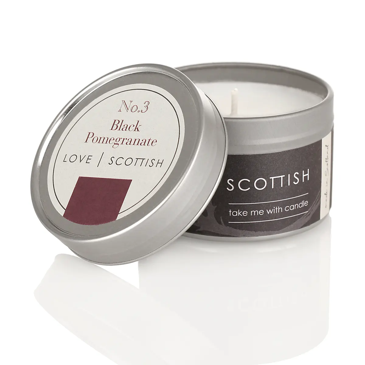 Love Scottish Travel Tin - Black Pomegranate - handgefertigte Duftkerze aus Kokoswachs