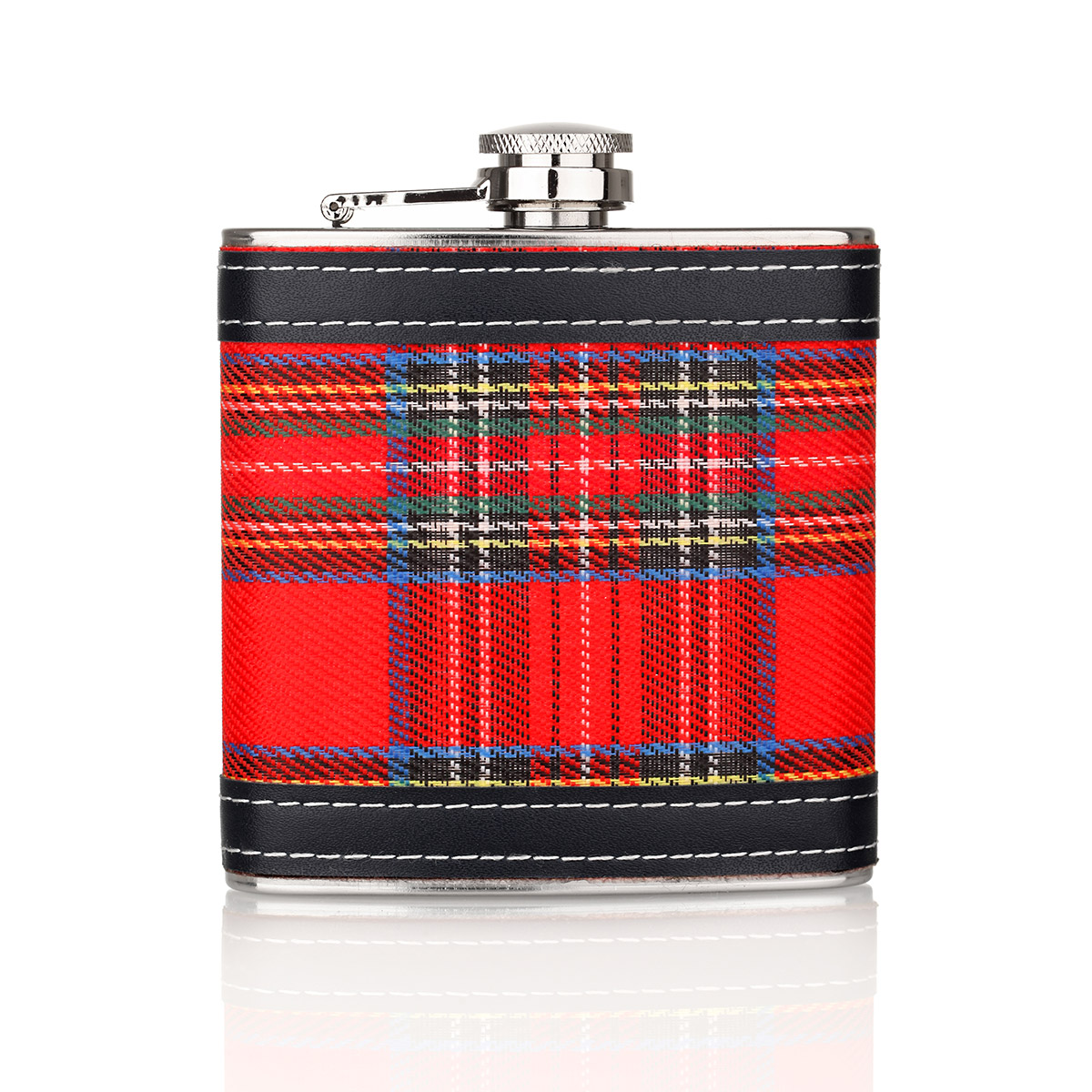 Schottischer Royal Stuart Tartan Flachmann aus Edelstahl mit schwarzen Applikationen (6oz)