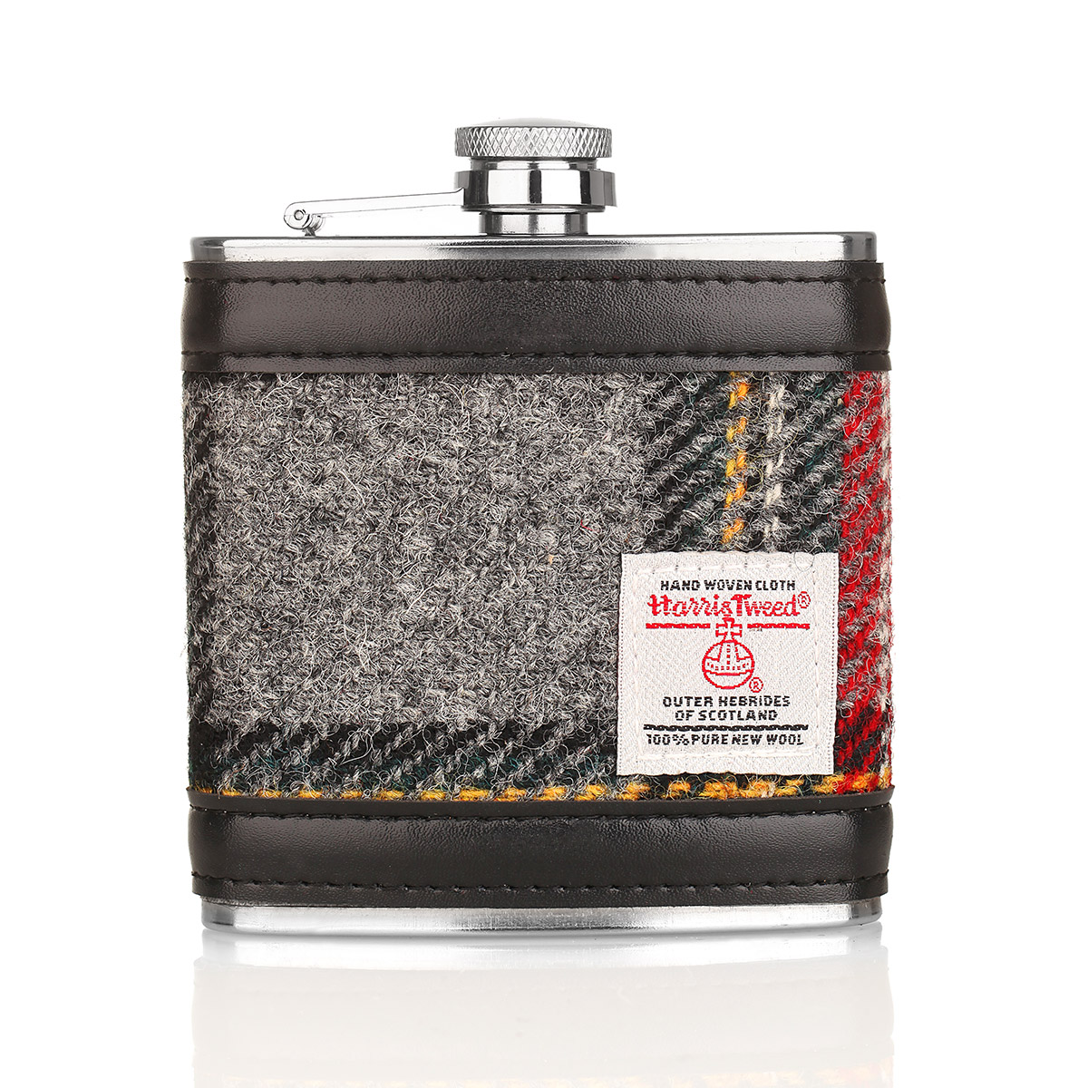 Harris Tweed® Flachmann aus Schottland in Grey & Red Tartan