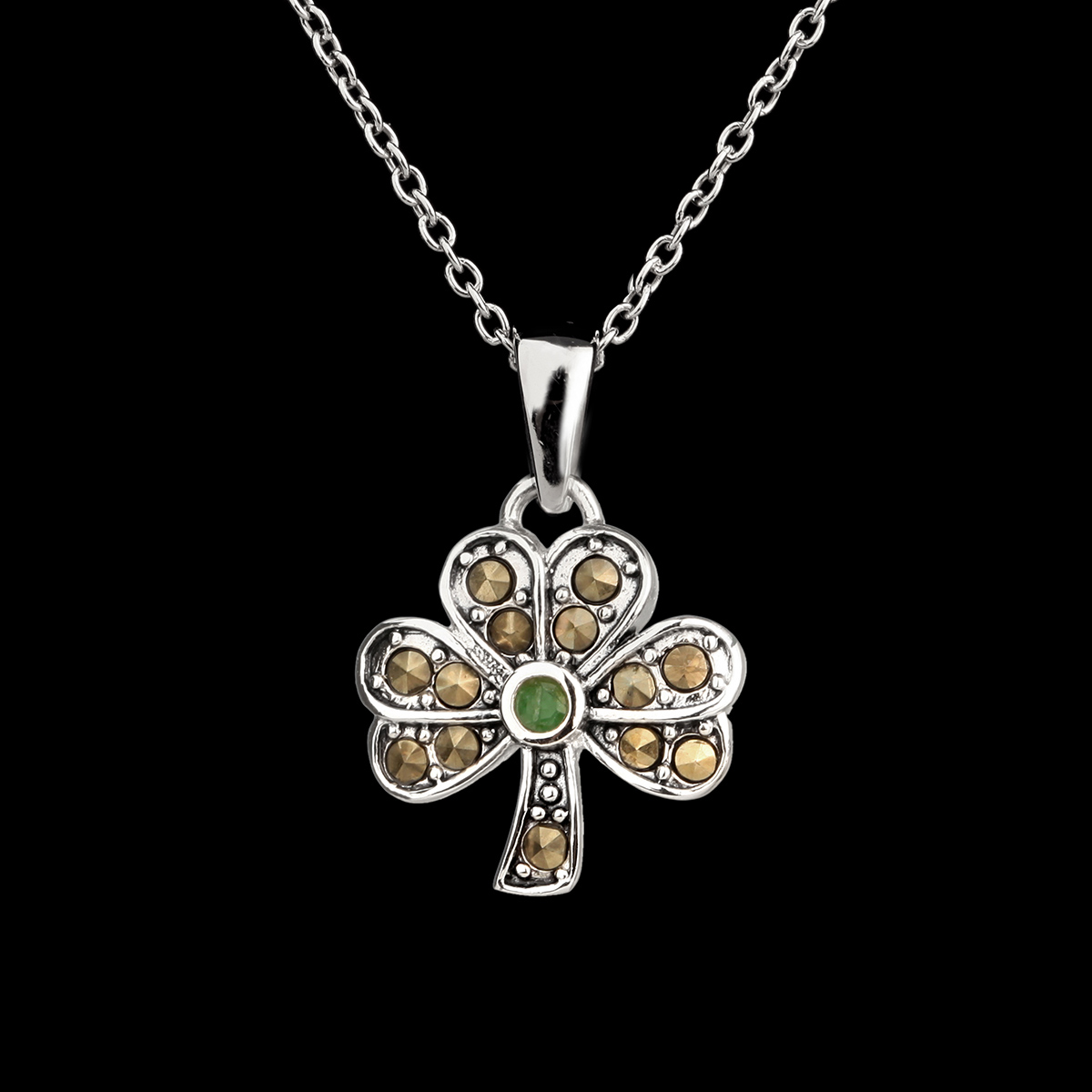 Irish Shamrock Kette - Irisches Kleeblatt mit echtem Markasit & Smaragd