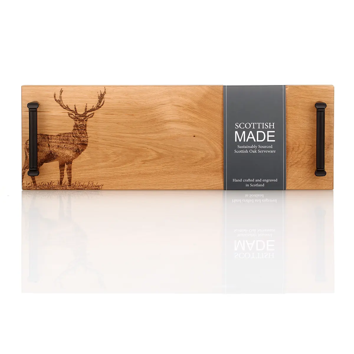 Schneidebrett-Holz-Paddel-Eiche-Oak-Schottland-Stag-Hirsch-001 Highland Stag - Eichenholz Tablett / Servierbrett mit Metallgriffen - Made in Scotland