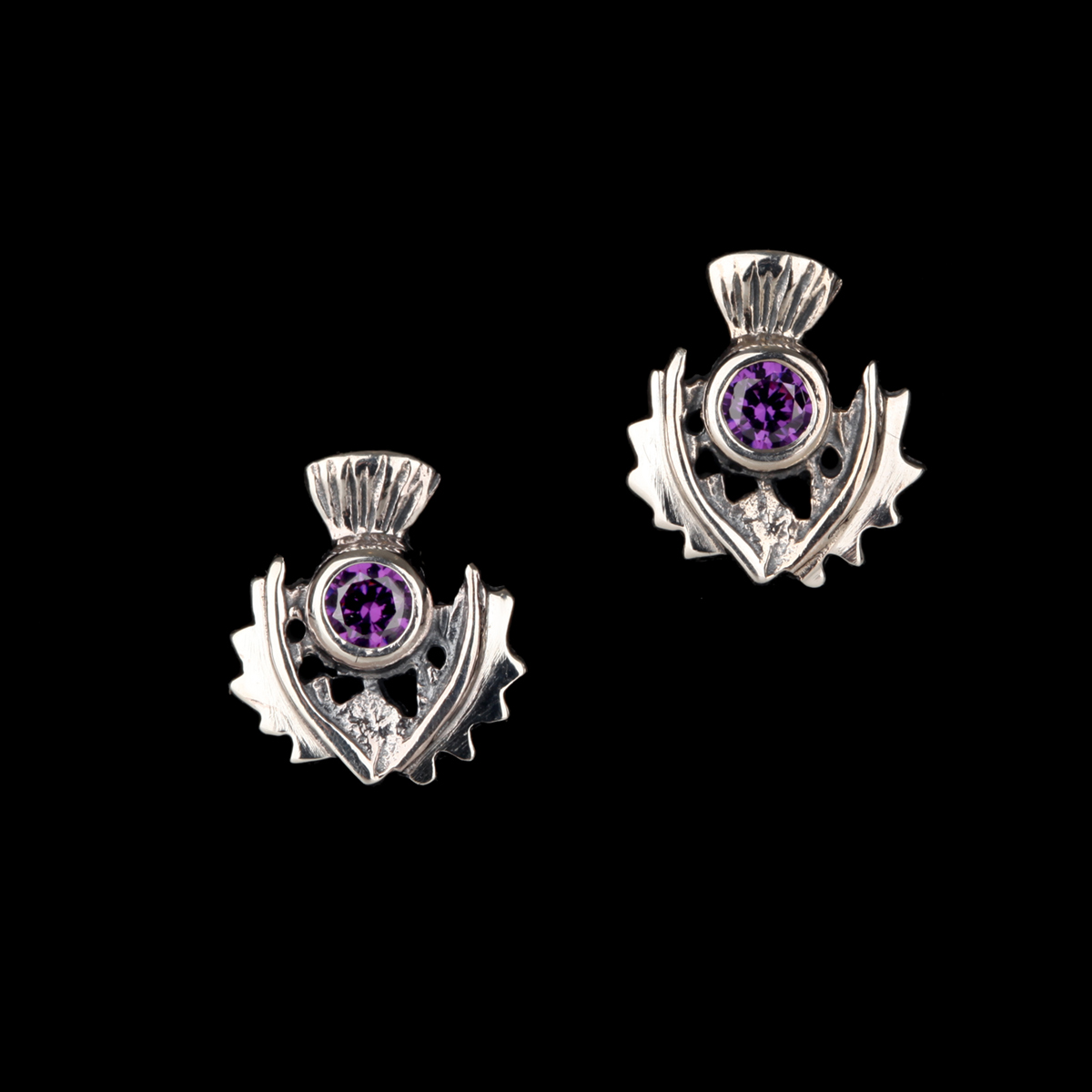 Schottische Distel - Ohrstecker aus Sterling Silber und Amethyst