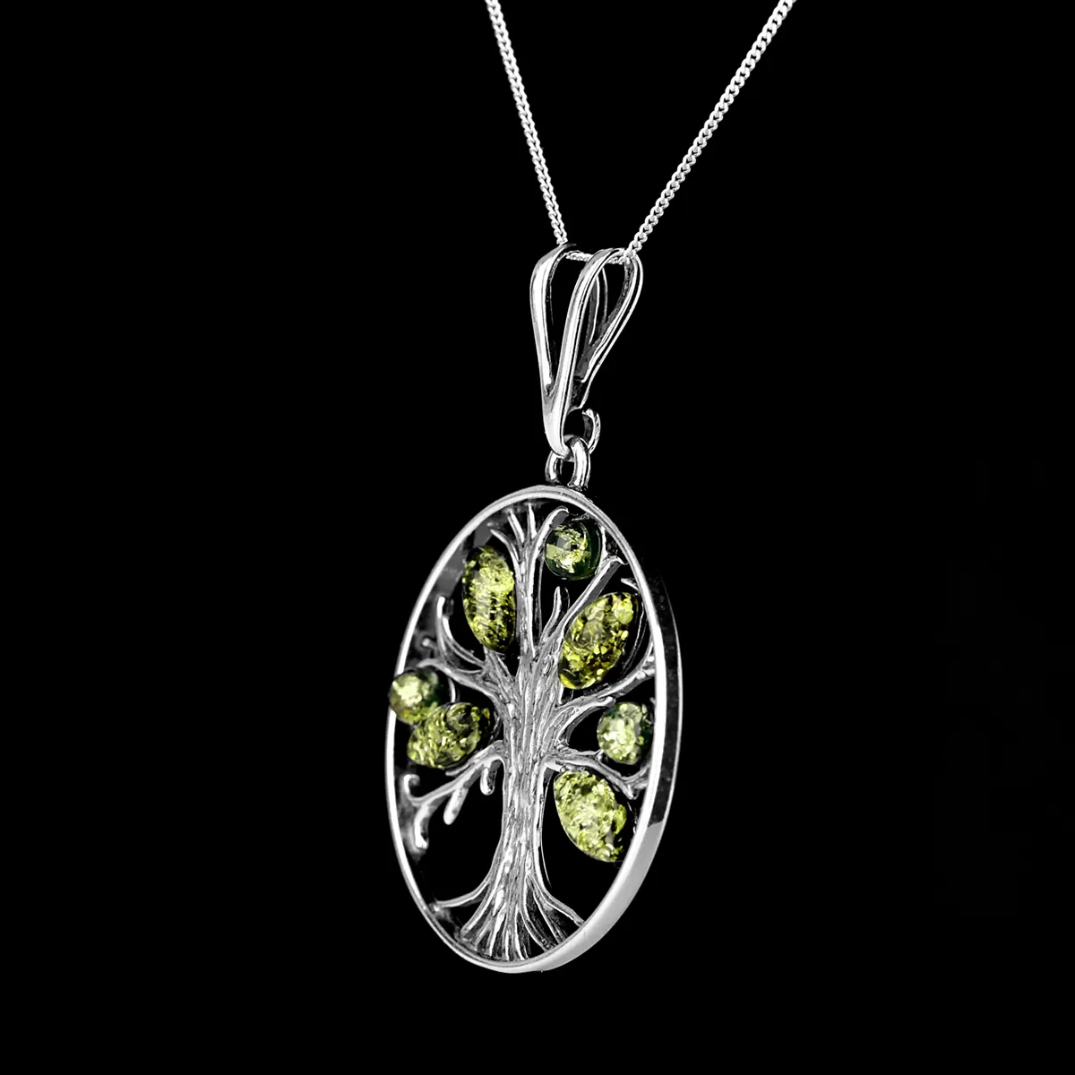 Green Amber Tree Of Life - Irische Lebensbaum Kette aus grünem Bernstein & Sterling Silber