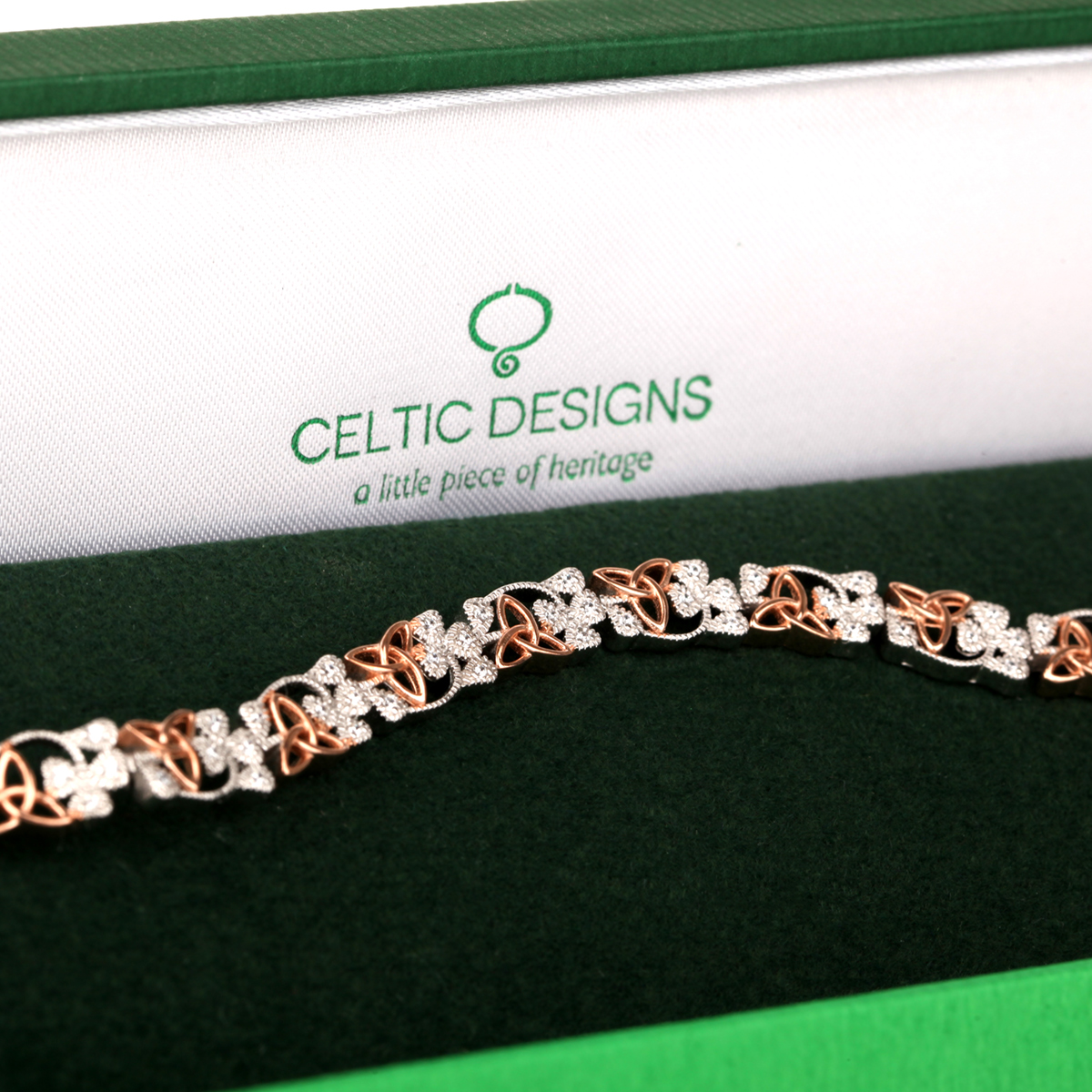 Crystal Trinity Shamrock - Keltisches Armband aus Irland - Silber mit Kristall & Rotgold