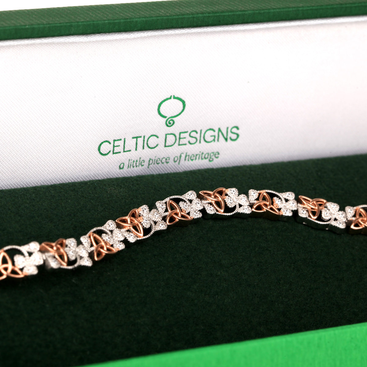 armband-shamrock-trinity-triskele-kleeblatt-irland-010 Crystal Trinity Shamrock - Keltisches Armband aus Irland - Silber mit Kristall & Rotgold