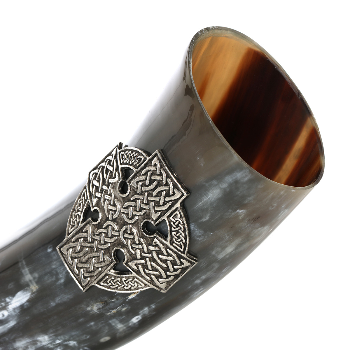 Poliertes Trinkhorn mit keltischem Kreuz aus Zinn - ca. 0,5 Liter