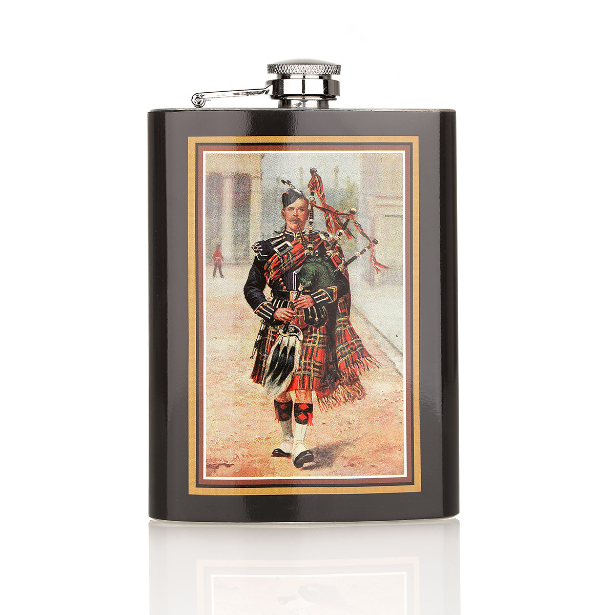 Royal Scots Piper Flachmann aus Schottland mit Vintage Print