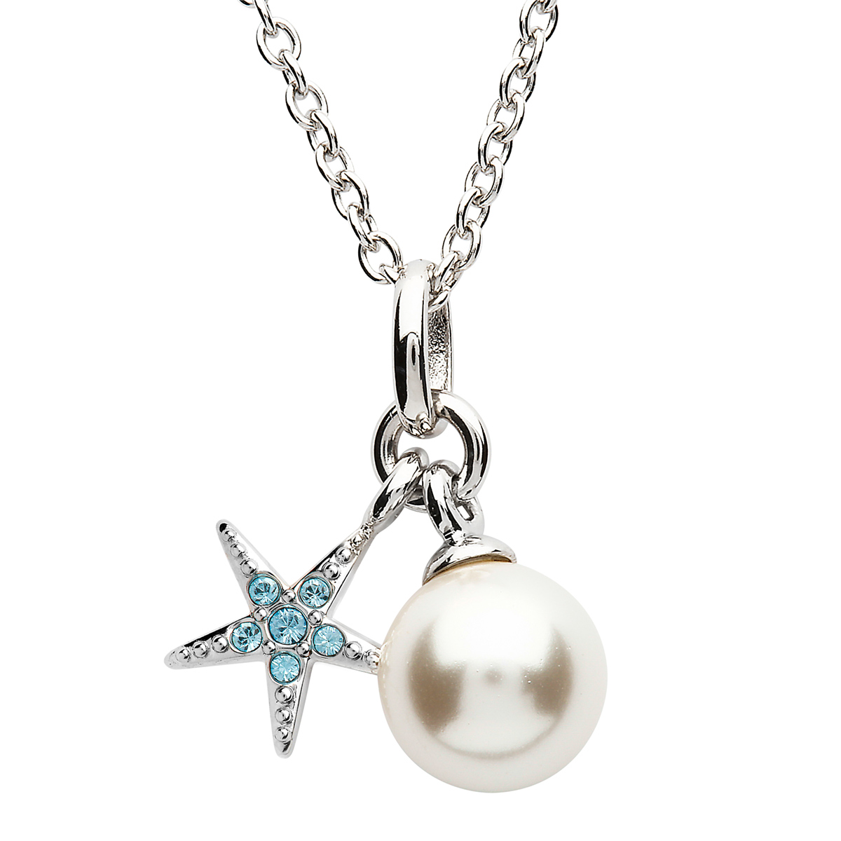 Starfish-Seestern-Swarovski-Silber-Kette-Shanore Seestern Kette mit Perle & aquamarinfarbenen Swarovski Kristallen – Handgefertigt in Irland