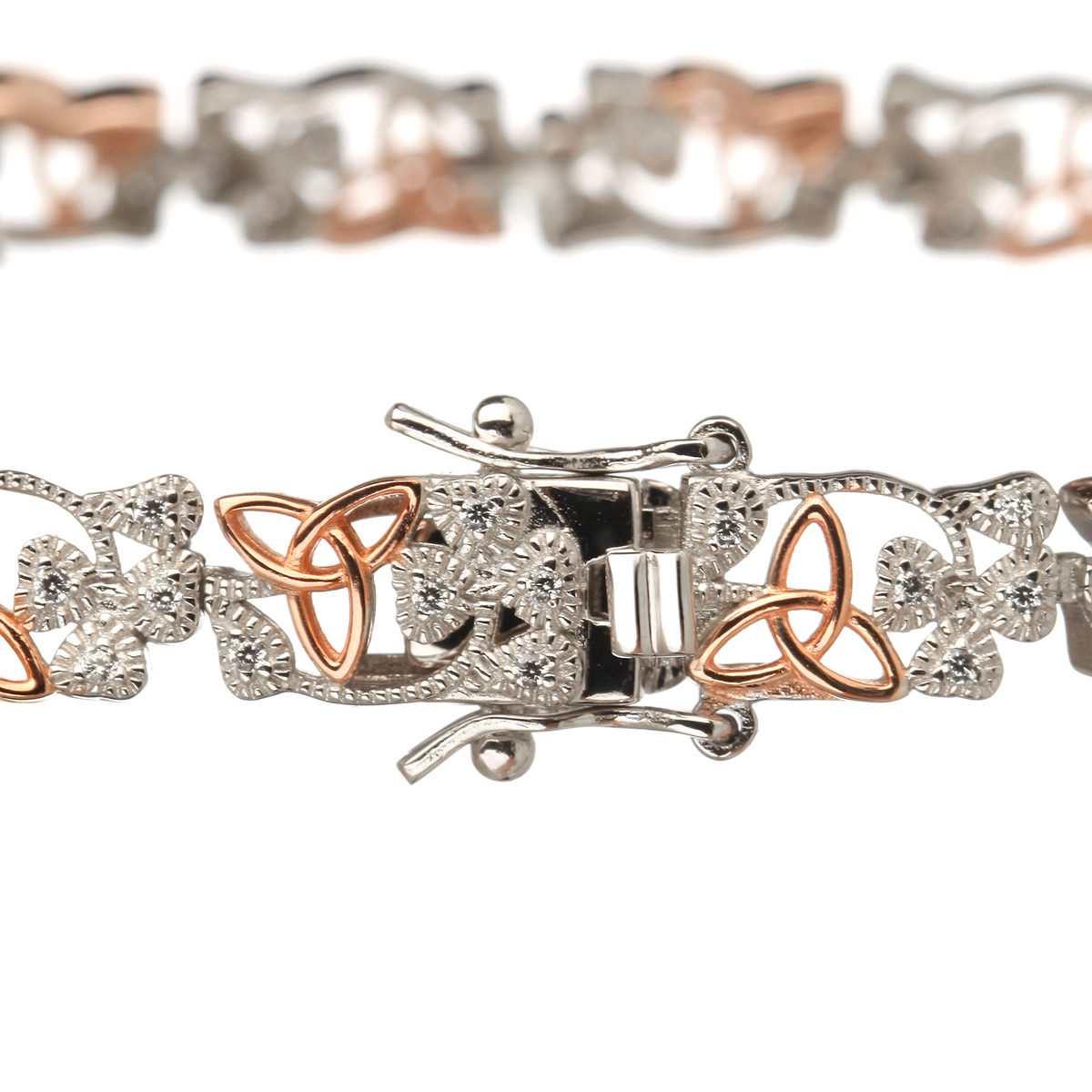 armband-shamrock-trinity-triskele-kleeblatt-irland-004 Crystal Trinity Shamrock - Keltisches Armband aus Irland - Silber mit Kristall & Rotgold