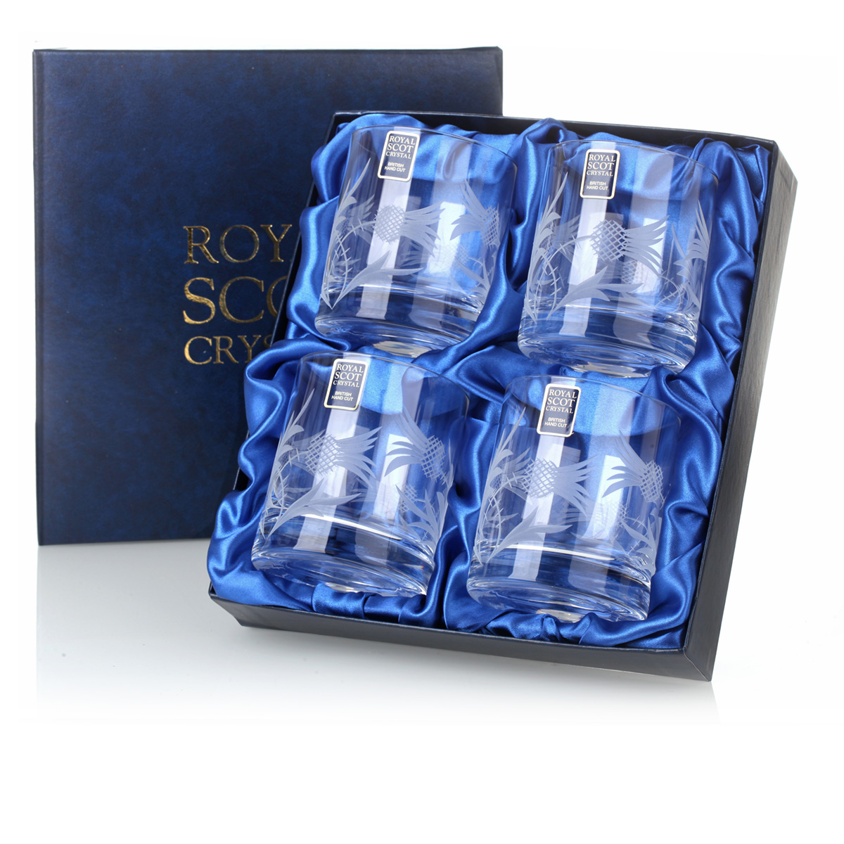 Flower of Scotland - Geschenkset - 4 x Kristall Whisky Glas mit gravierten Disteln