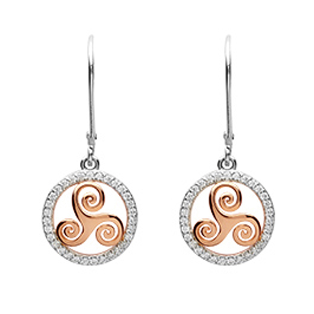Keltische Triskele Ohrhänger aus Sterling Silber mit Roségold & Kristall
