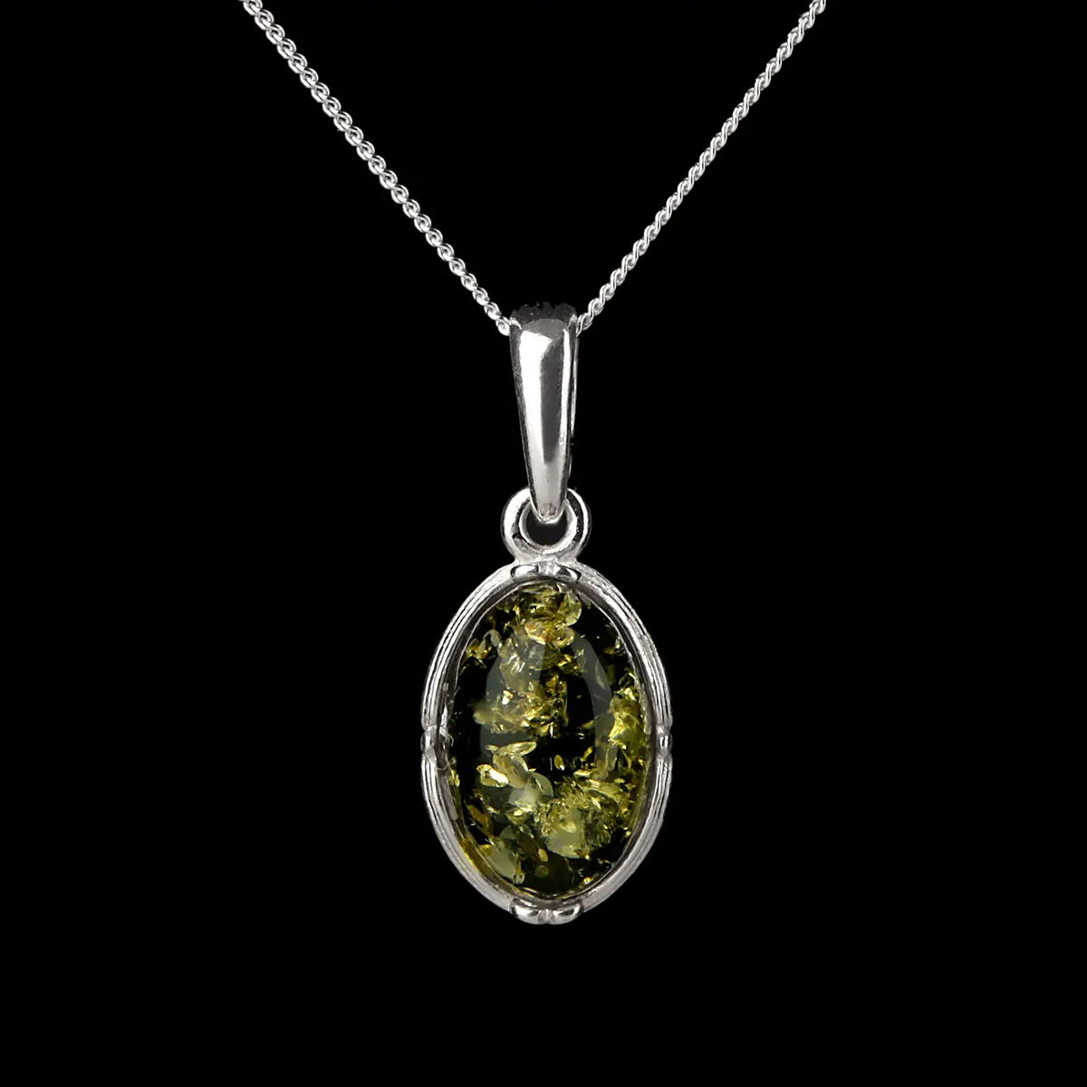 Green Amber Drop - Irische Kette aus grünem Bernstein & Sterling Silber