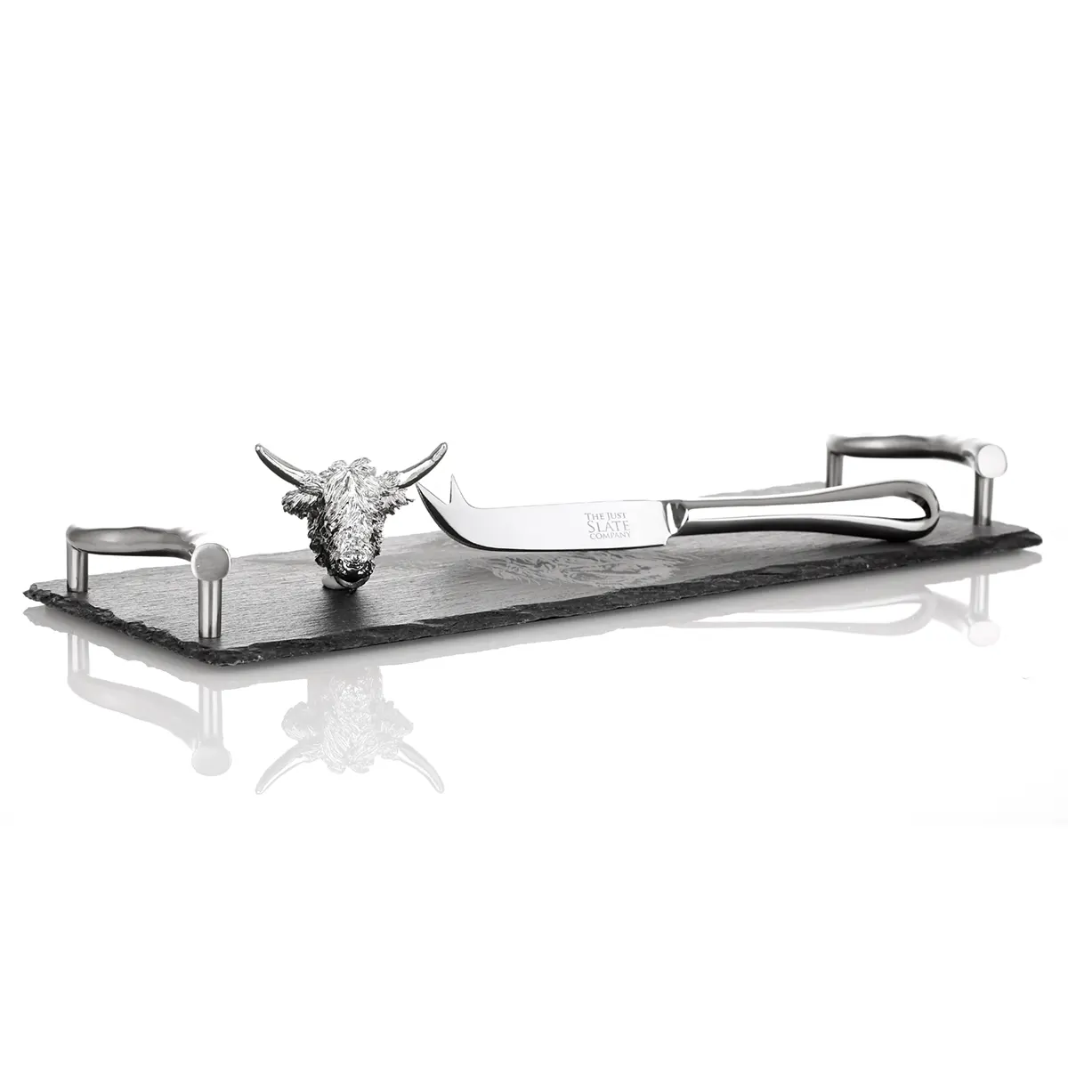Kaeseplatte-Schottland-Highland-Cow-Rind-Messer-Wein-Set-Schiefer-Slate-003 Highland Cow - Käse & Wein Geschenkset / Schiefertablett mit Messer & Ausgießer