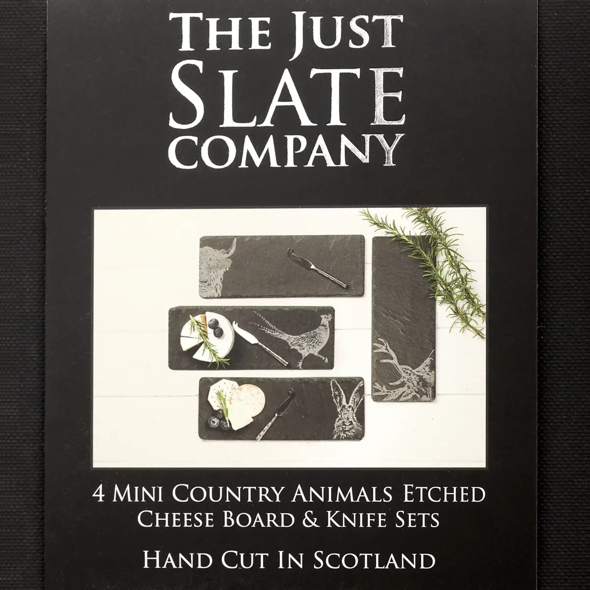 Country Animals - 4 Schiefer Käseplatten & Messer Set - Made in Scotland