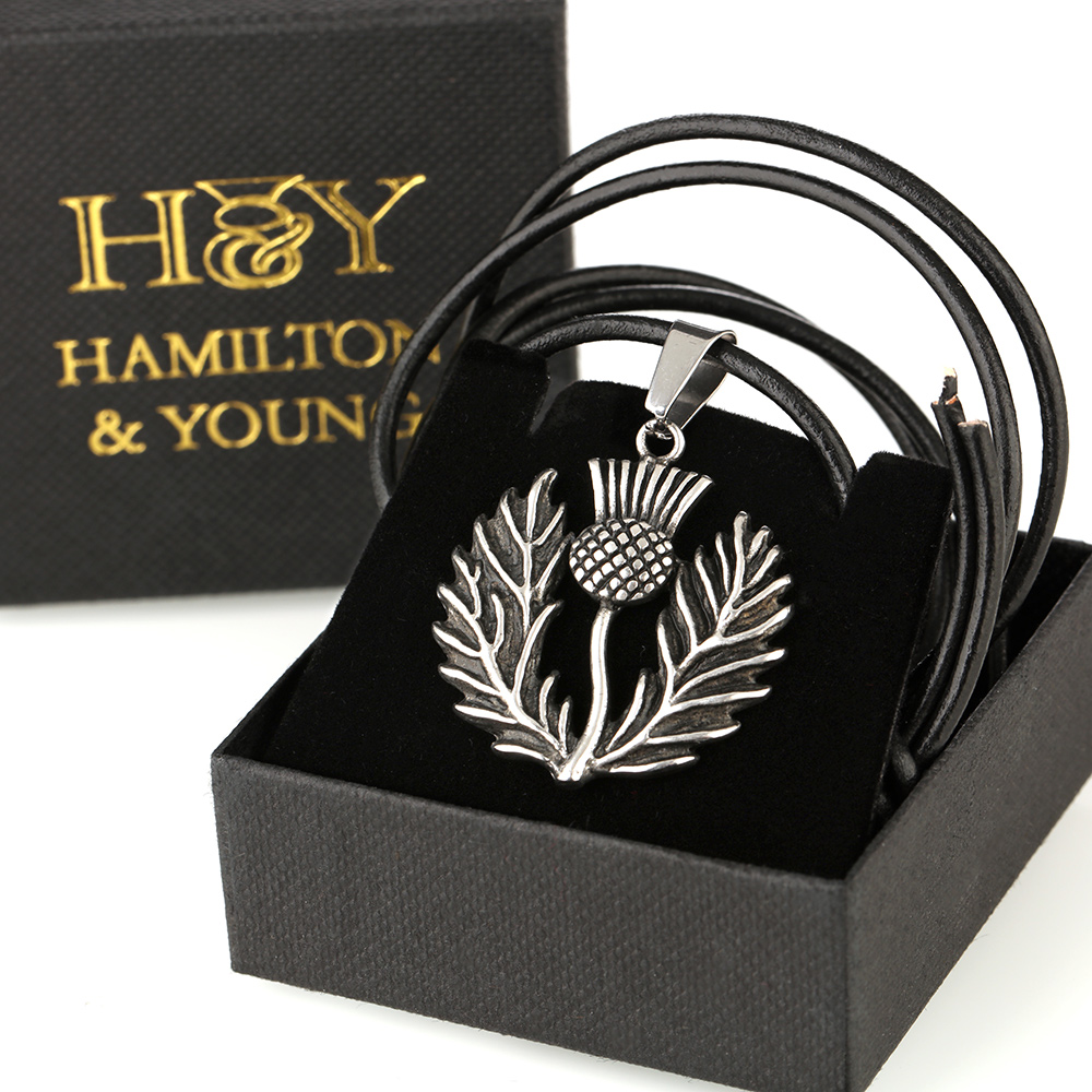 scottish-thistle-distel-edelstahl-steel-001 Schottische Distel - Anhhänger aus Edelstahl mit Lederband - Made in Scotland