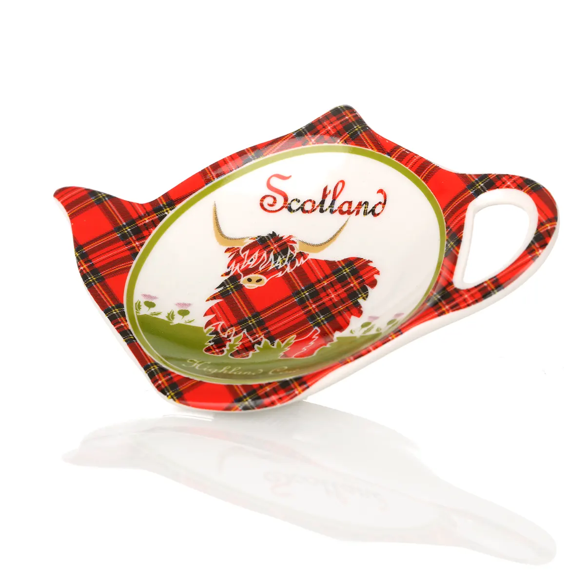 Highland Cow Teebeutel-Ablage aus Keramik mit schottischem Rind & Tartan-Muster