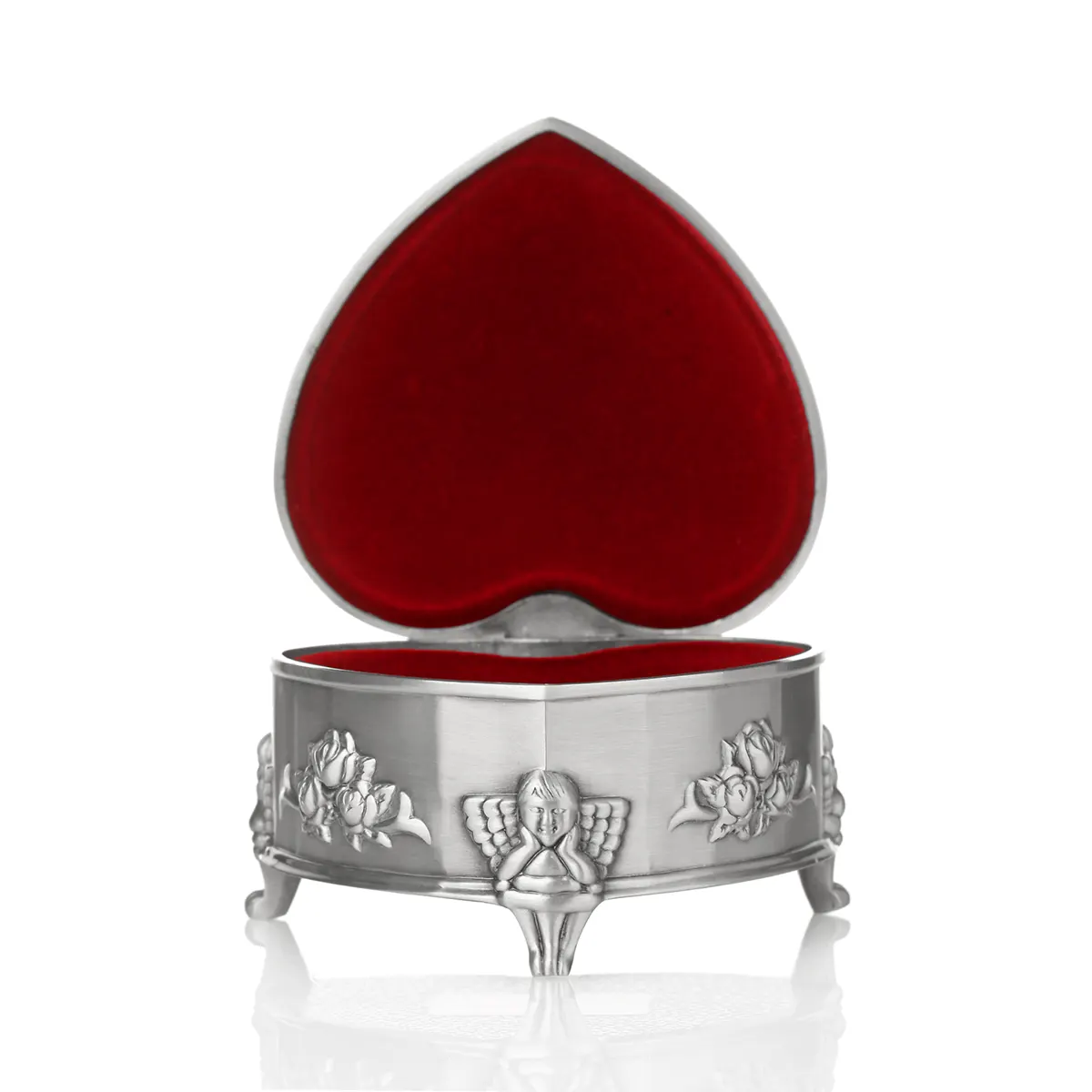 schmuck-schatulle-claddagh-keltisch-silber-metall-irland-004 Irische Claddagh Schmuckschatulle in Herzform - verziert mit Engeln & Rosen