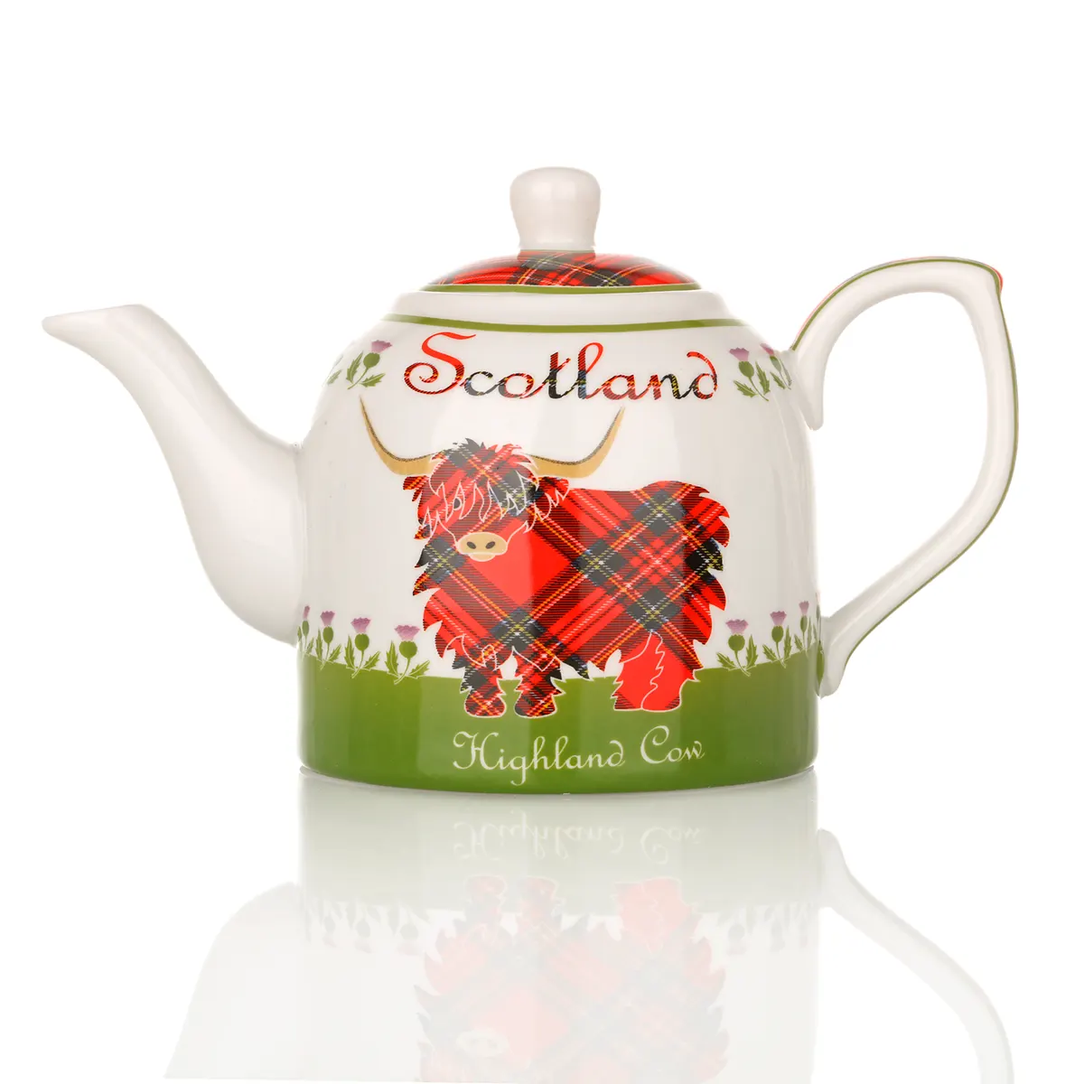 Highland Cow Teekanne aus Keramik mit schottischem Rind & Tartan-Muster Highland Cow Teekanne aus Keramik mit schottischem Rind & Tartan-Muster