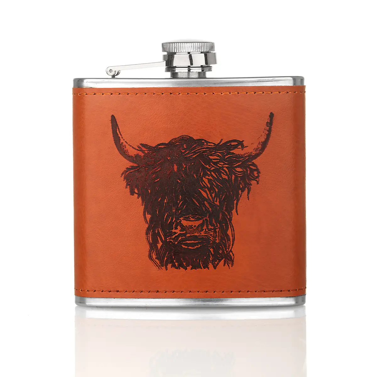 Leather Highland Cow Hip Flask - Schottisches Rind Flachmann aus Edelstahl & Leder