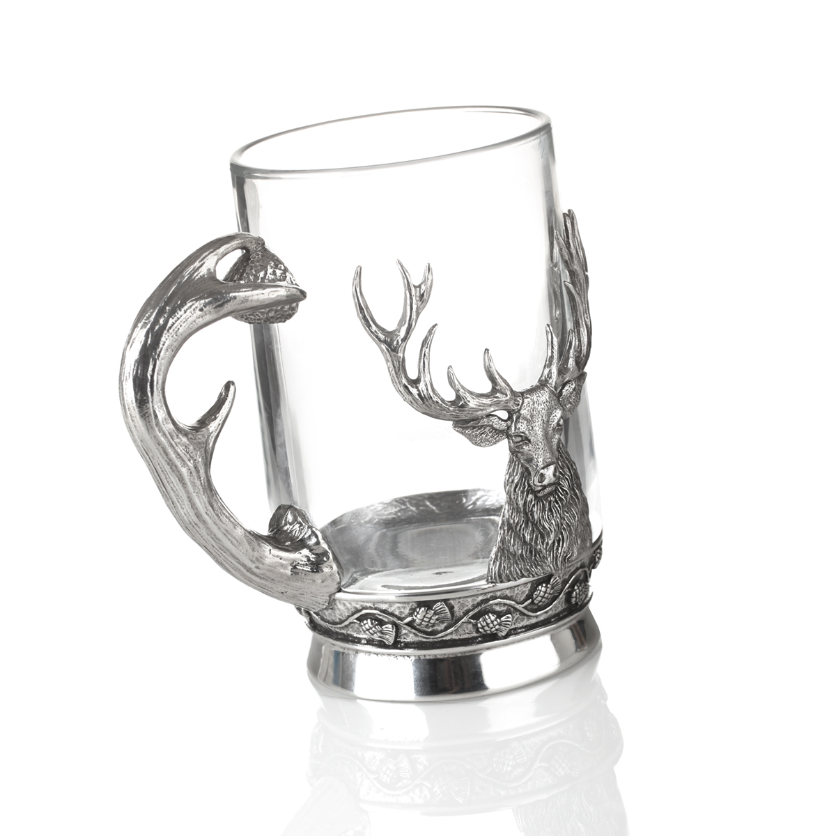 Highland Stag Bierkrug - Glas & Zinn mit Hirschkopf & Geweih als Griff