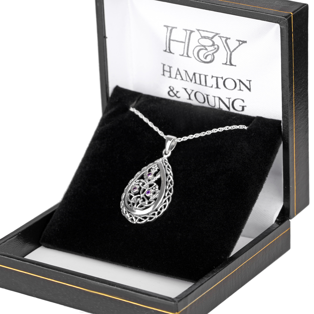 Kette-Anhaenger-Outlander-Schottland-Distel-001 Trinity Thistle - Keltische Outlander Kette aus Schottland - Disteln & Amethyst