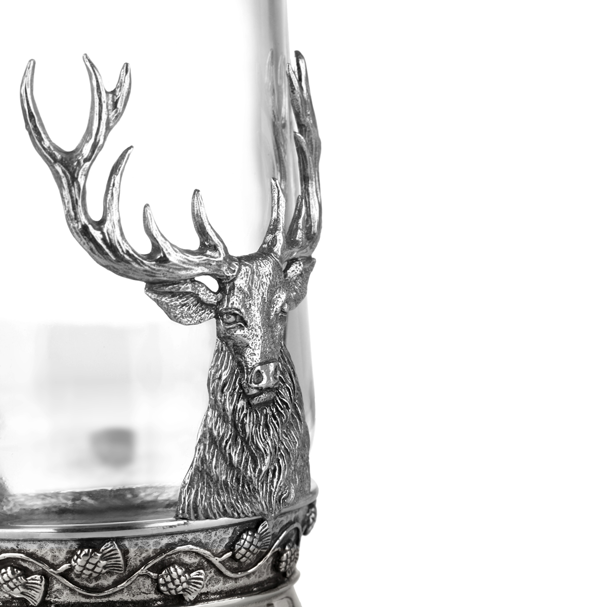Highland Stag Bierkrug - Glas & Zinn mit Hirschkopf & Geweih als GriffHighland Stag Bierkrug - Glas & Zinn mit Hirschkopf & Geweih als Griff