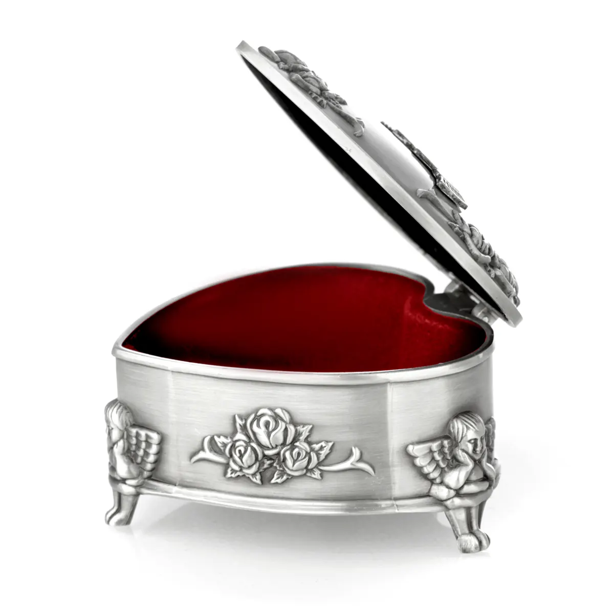 schmuck-schatulle-claddagh-keltisch-silber-metall-irland-008 Irische Claddagh Schmuckschatulle in Herzform - verziert mit Engeln & Rosen