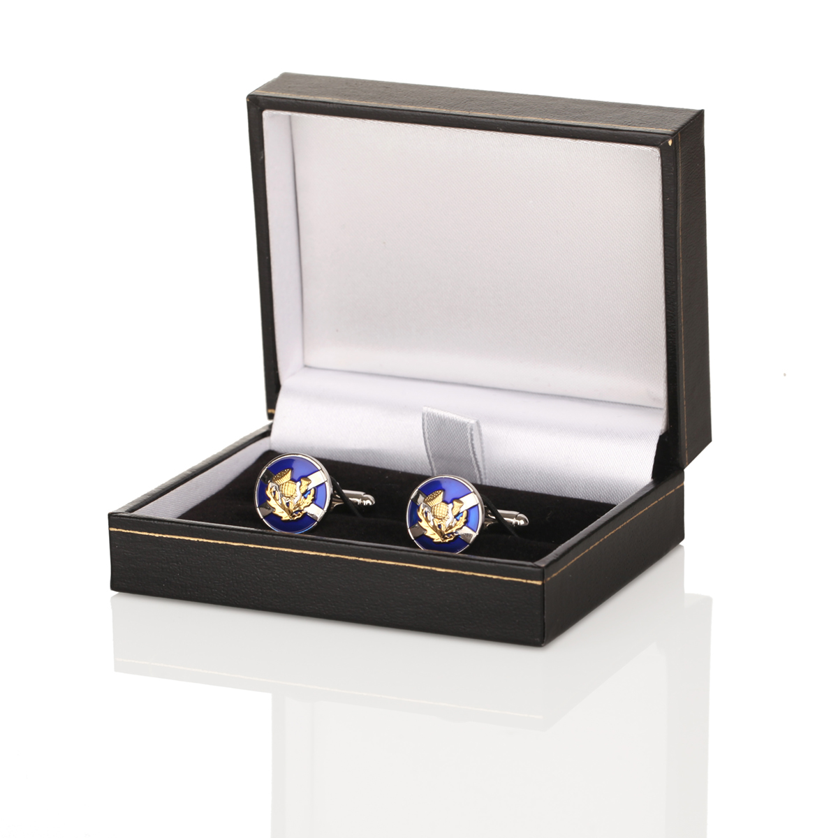 manschettenknoepfe-rund-schottland-distel-saltie-blau-gold-003 Saltire & Thistle - Manschettenknöpfe mit schottischer Flagge & vergoldeter Distel