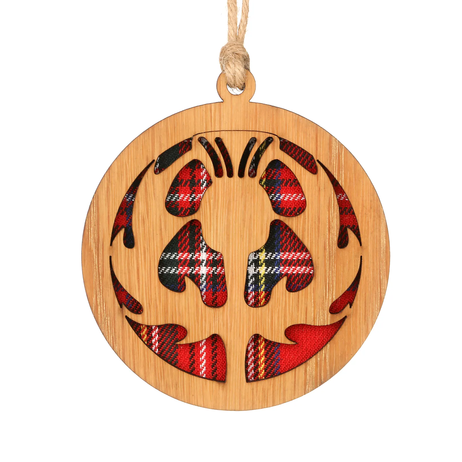 Scottish Thistle - Runder Holz-Aufhänger mit schottischer Distel und Tartan-Hintergrund