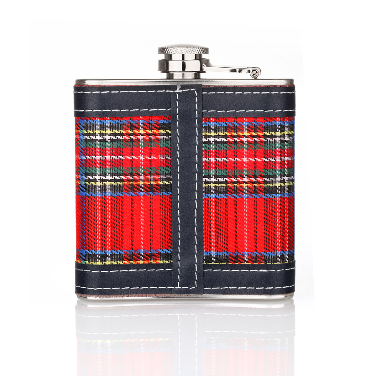 Schottischer Royal Stuart Tartan Flachmann aus Edelstahl mit schwarzen Applikationen (6oz)