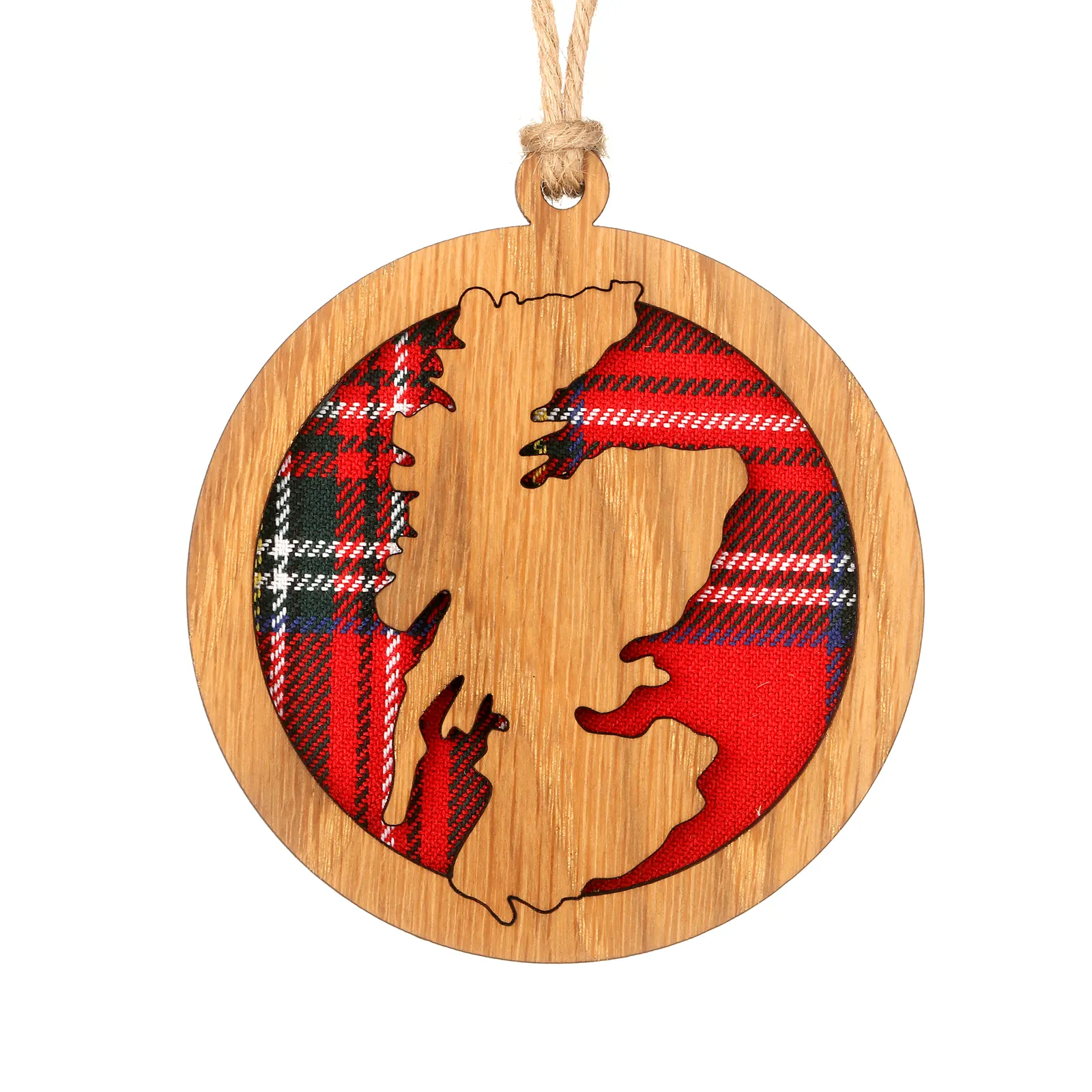 Map of Scotland - Runder Holz-Aufhänger mit Schottland-Karte Knoten und Tartan-Hintergrund