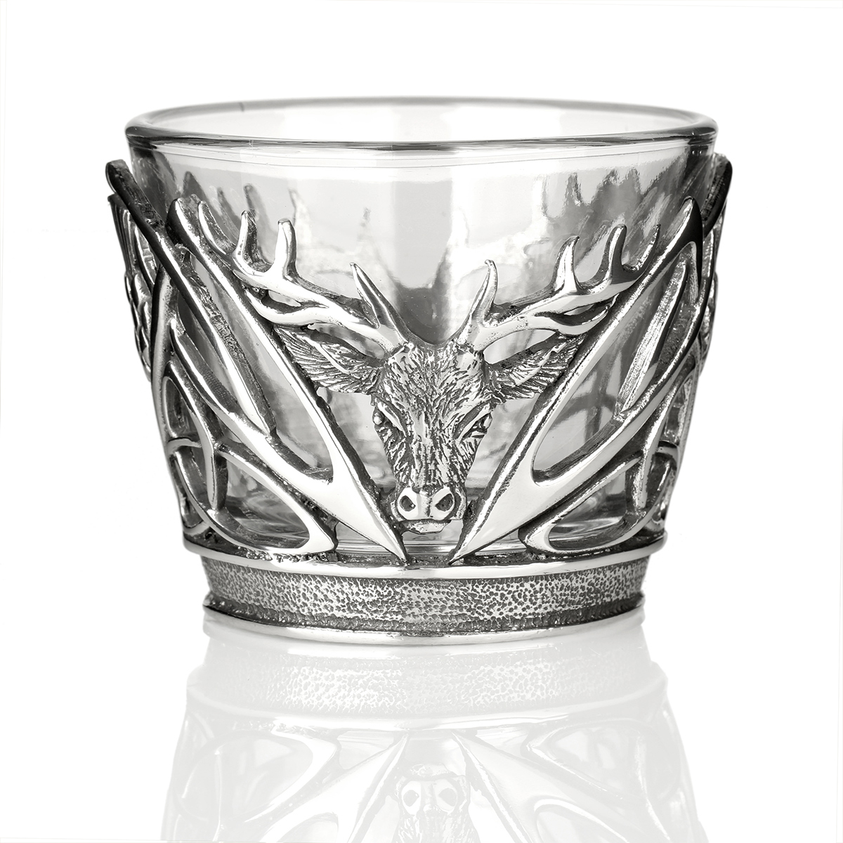 Stag & Thistle Teelichthalter aus Glas & Zinn - schottischer Hirsch & Distel
