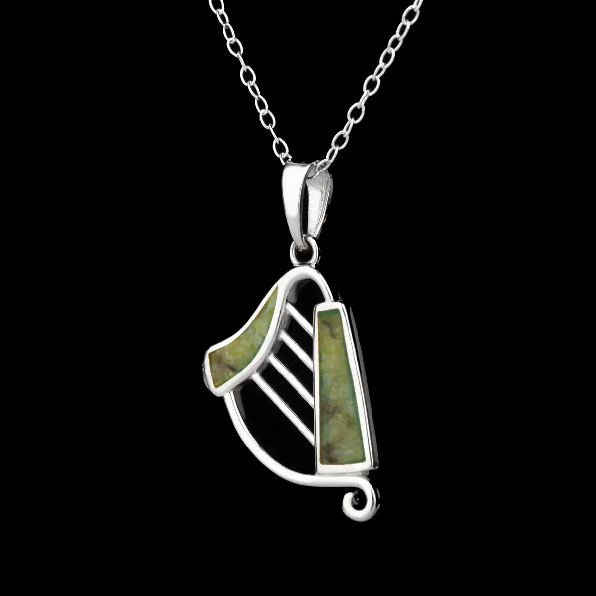 kette-anhaenger-harp-harfe-irland-silber-connemara-003 Irish Harp - Irische Harfe Anhänger & Kette aus Sterling Silber & Connemara Marmor