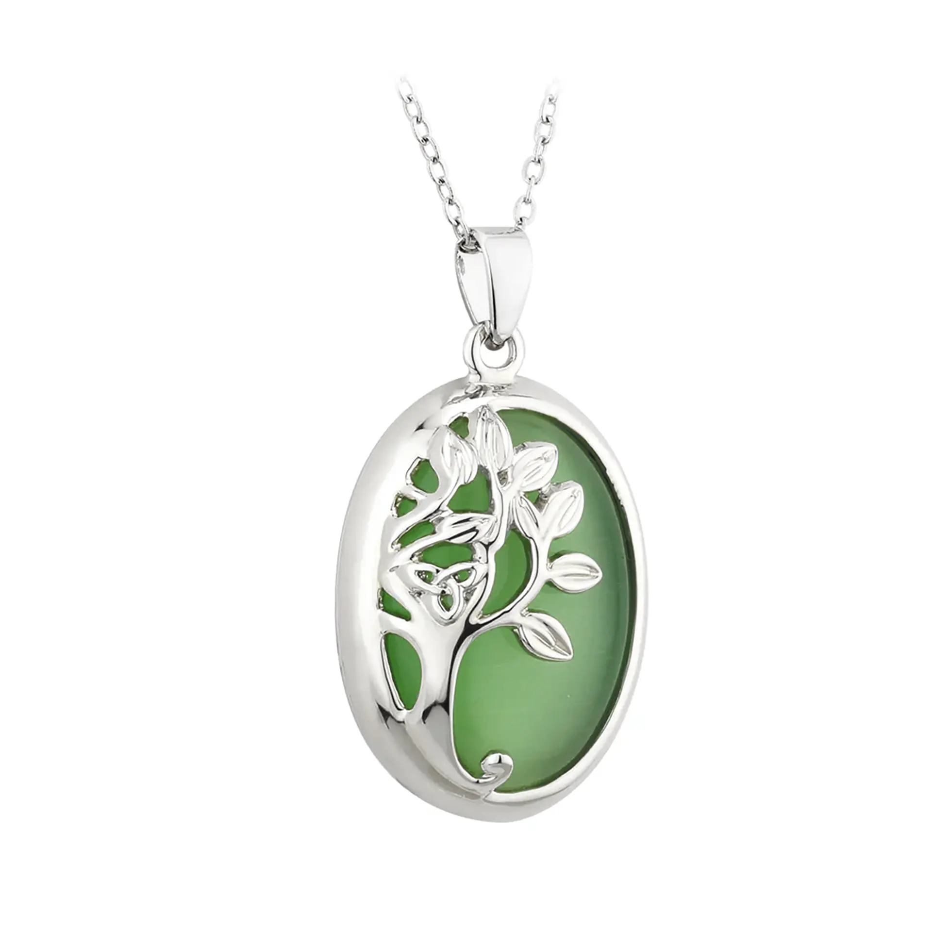 Tree of Life Anhänger aus Edelstahl mit grünem Cat-Eye Glas