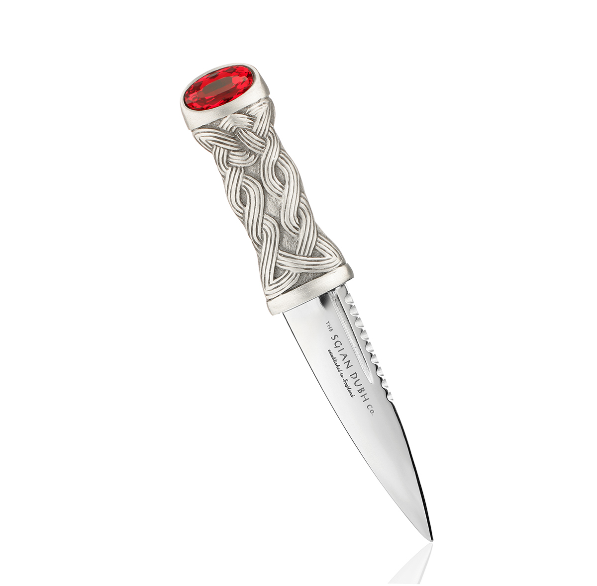 Highland Ruby Sgian Dubh - Edelstahl & Zinn - roter Kristall & Lederscheide